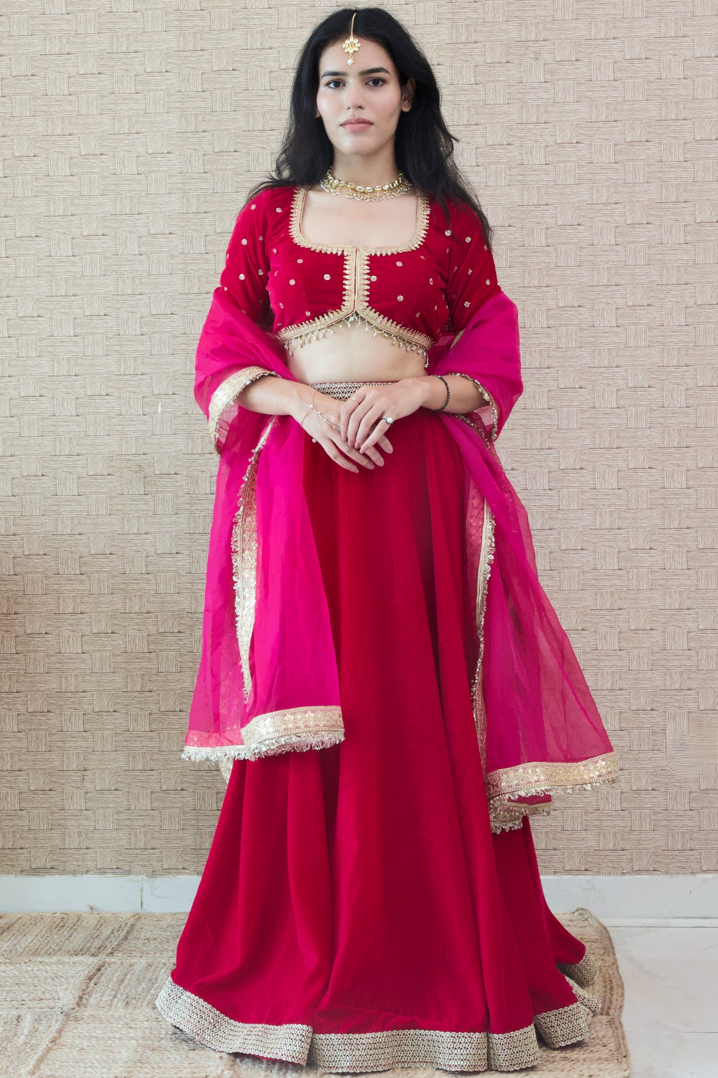 Pink Velvet Lehenga Set