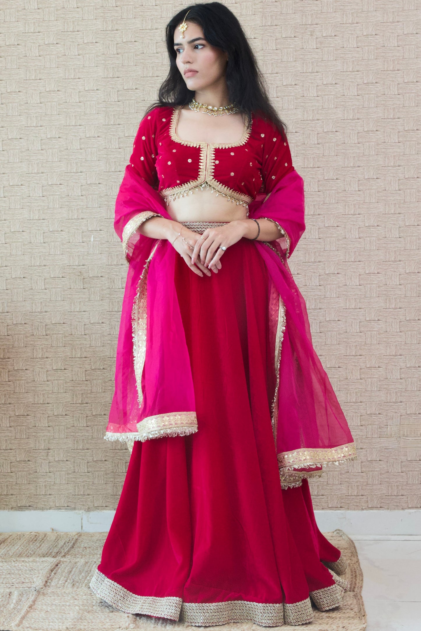 Pink Velvet Lehenga Set