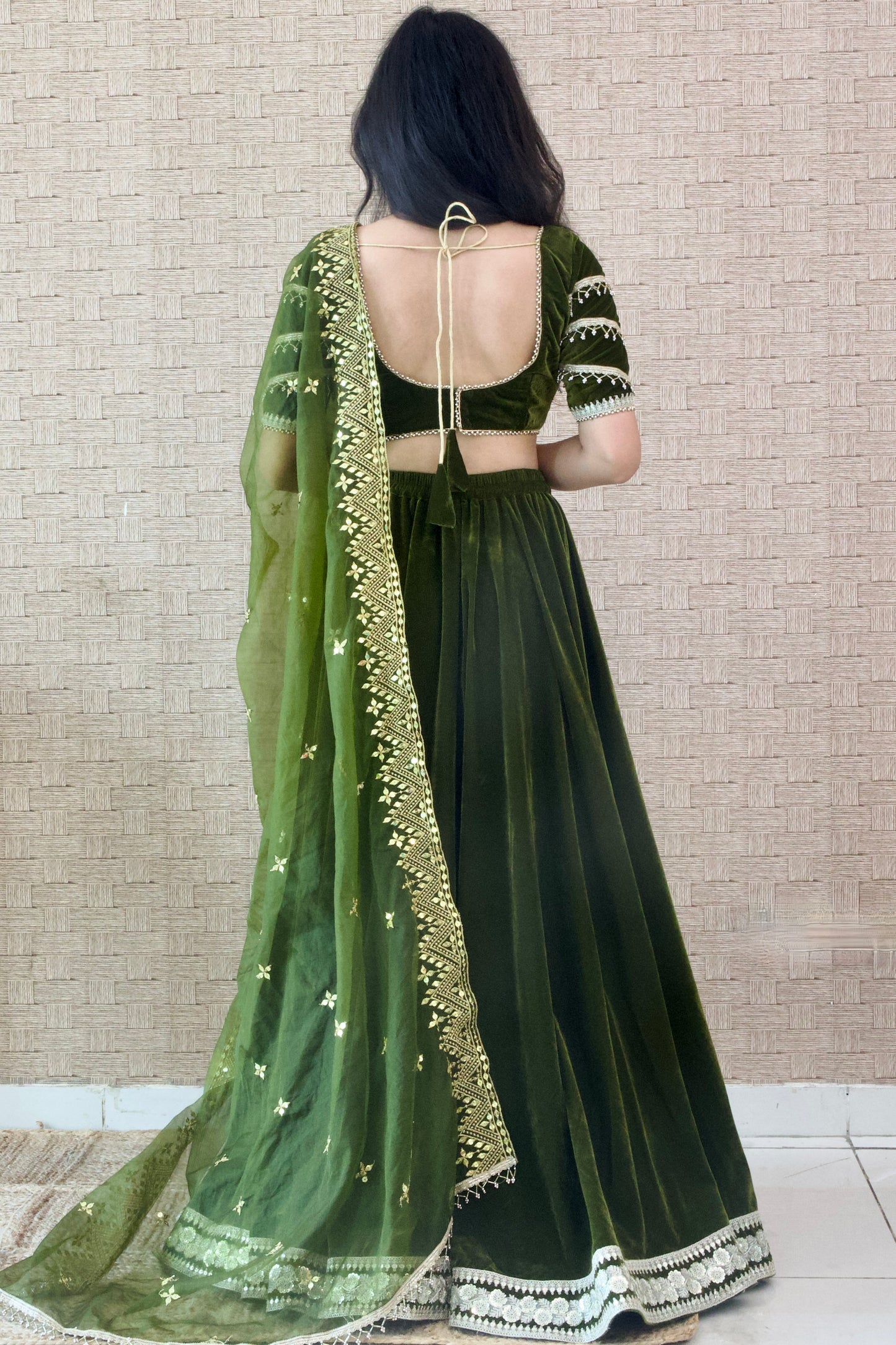 Mehendi Green Velvet Lehenga Set