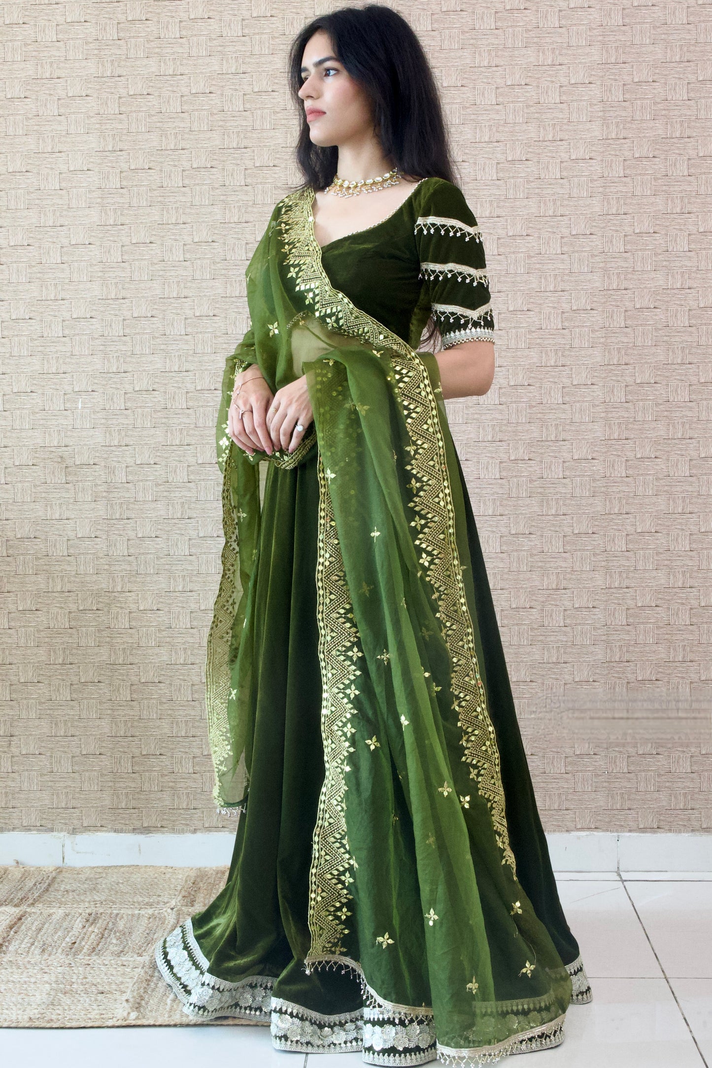 Mehendi Green Velvet Lehenga Set
