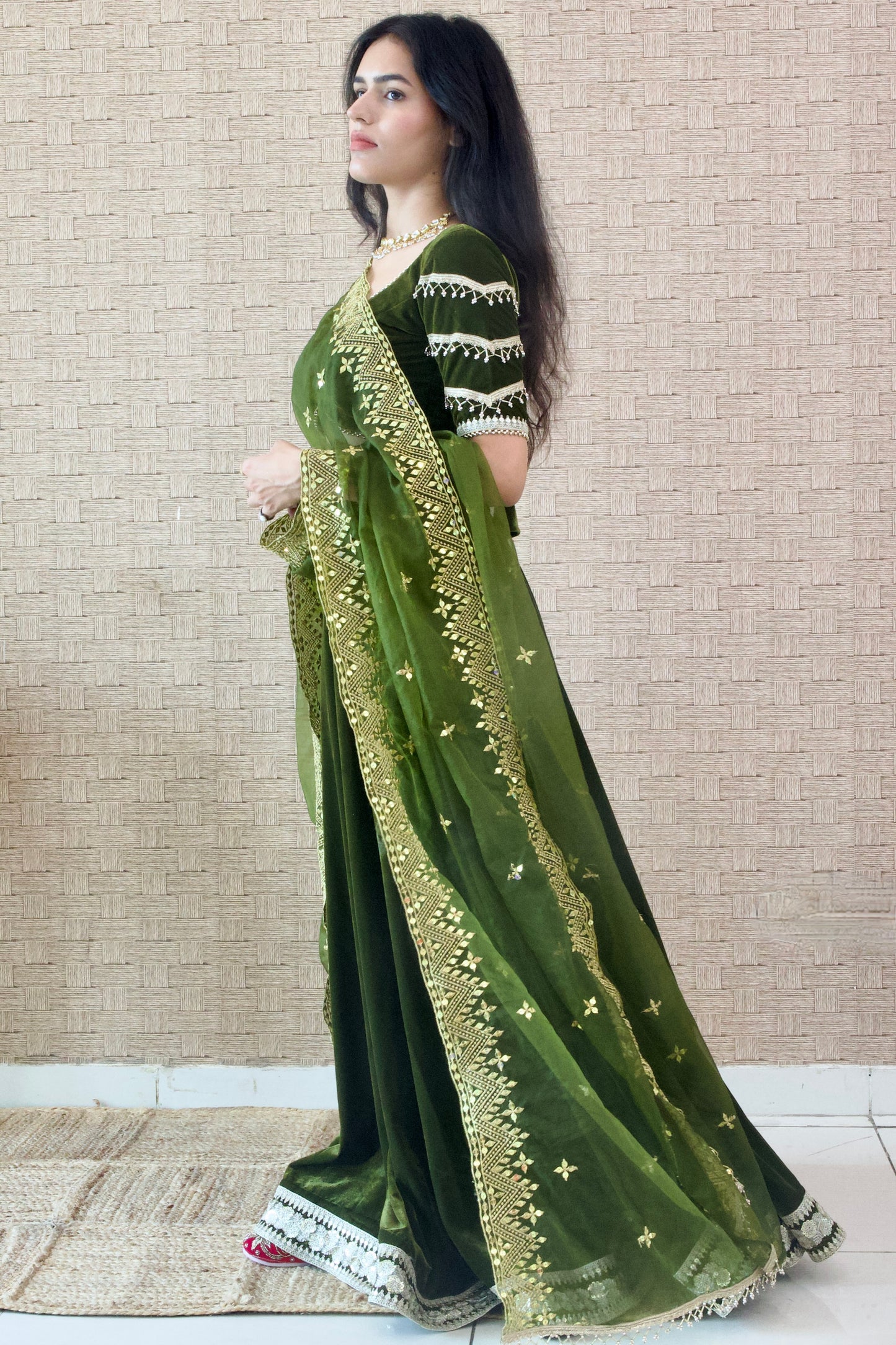 Mehendi Green Velvet Lehenga Set