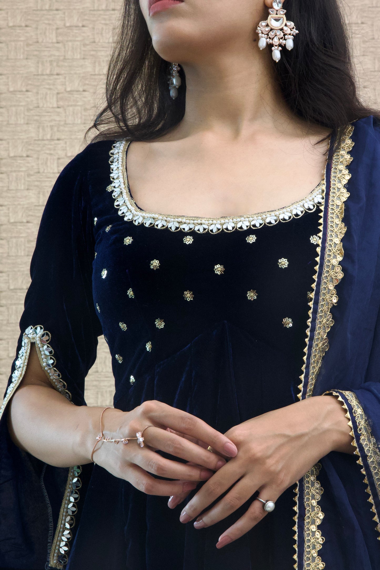 Navy Blue Velvet Embroidered Anarkali se