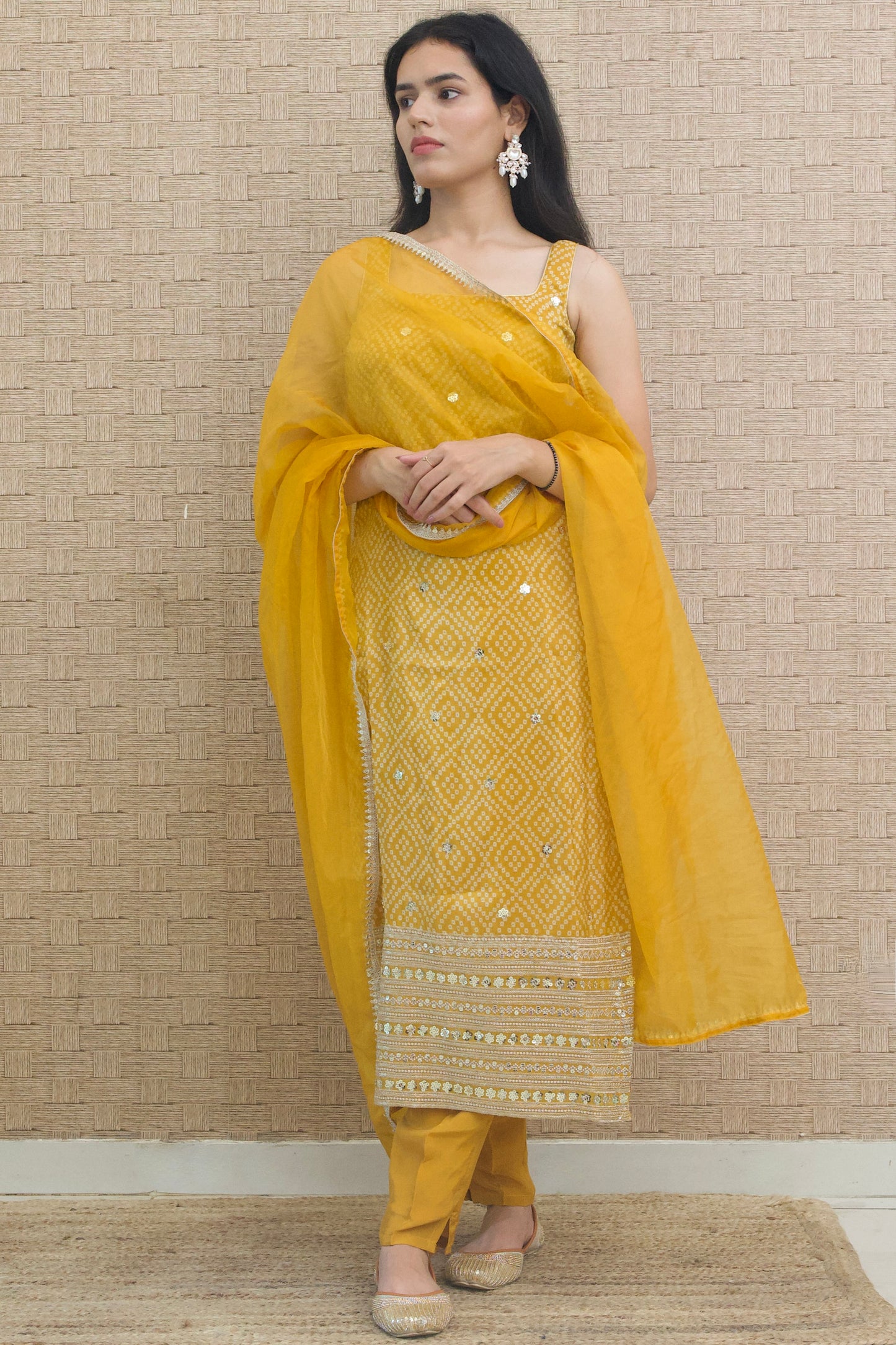 Mustard Yellow Embroidered Silk Kurta Set