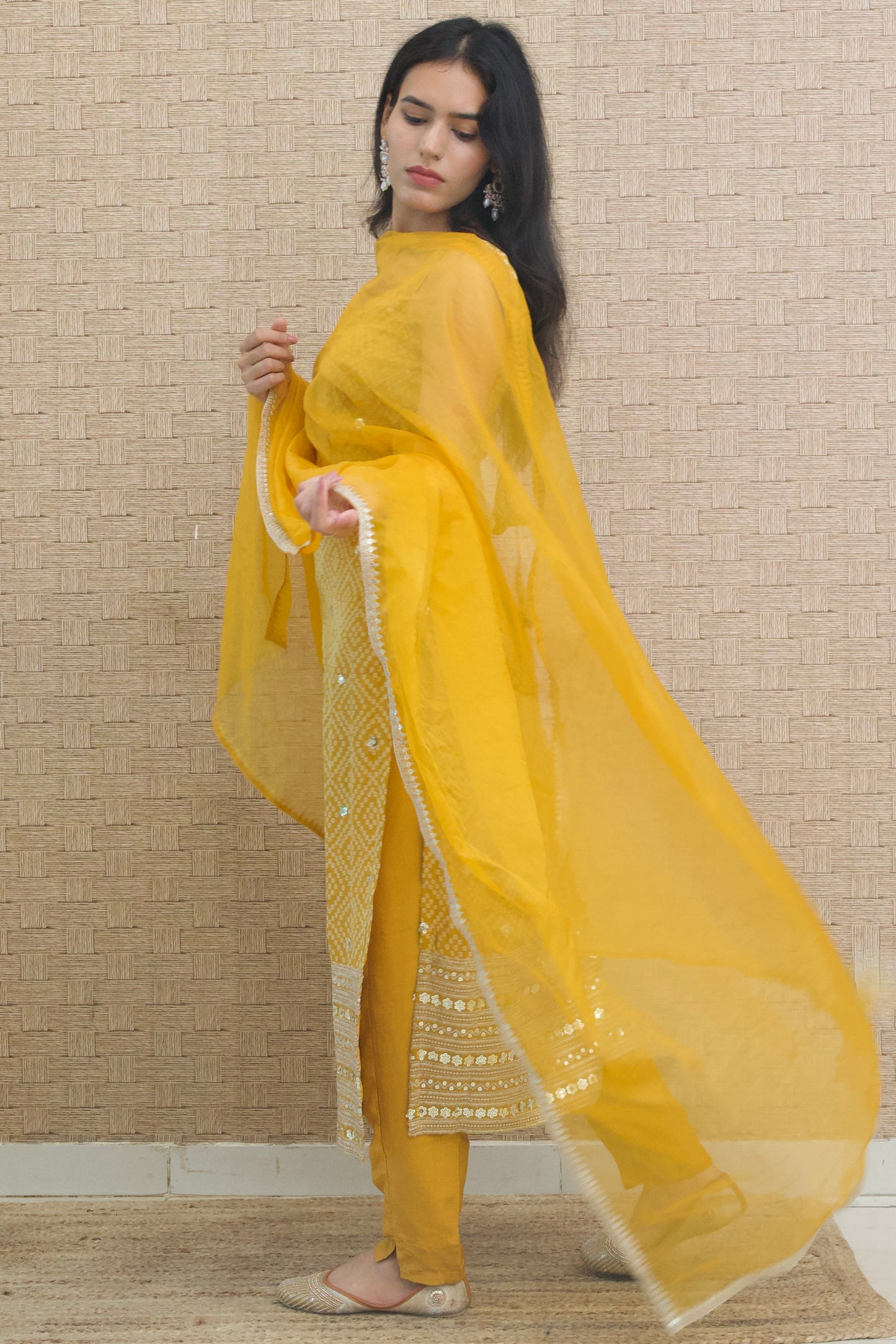 Mustard Yellow Embroidered Silk Kurta Set