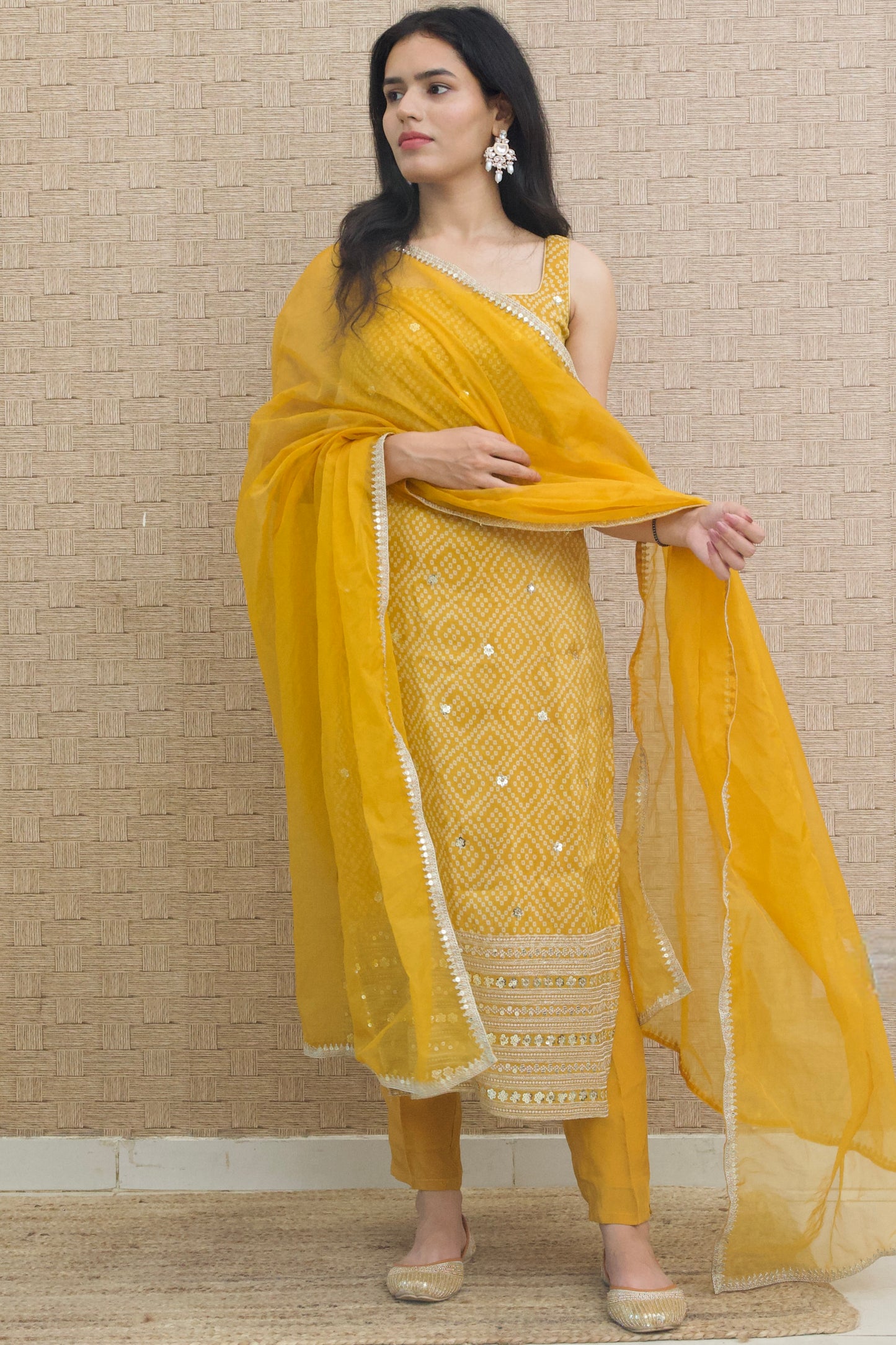 Mustard Yellow Embroidered Silk Kurta Set