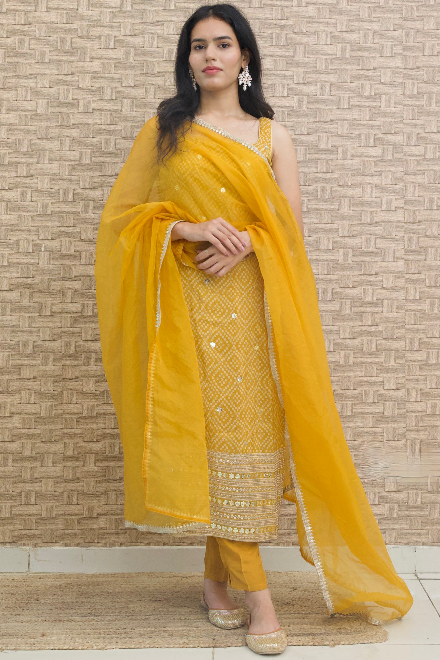 Mustard Yellow Embroidered Silk Kurta Set