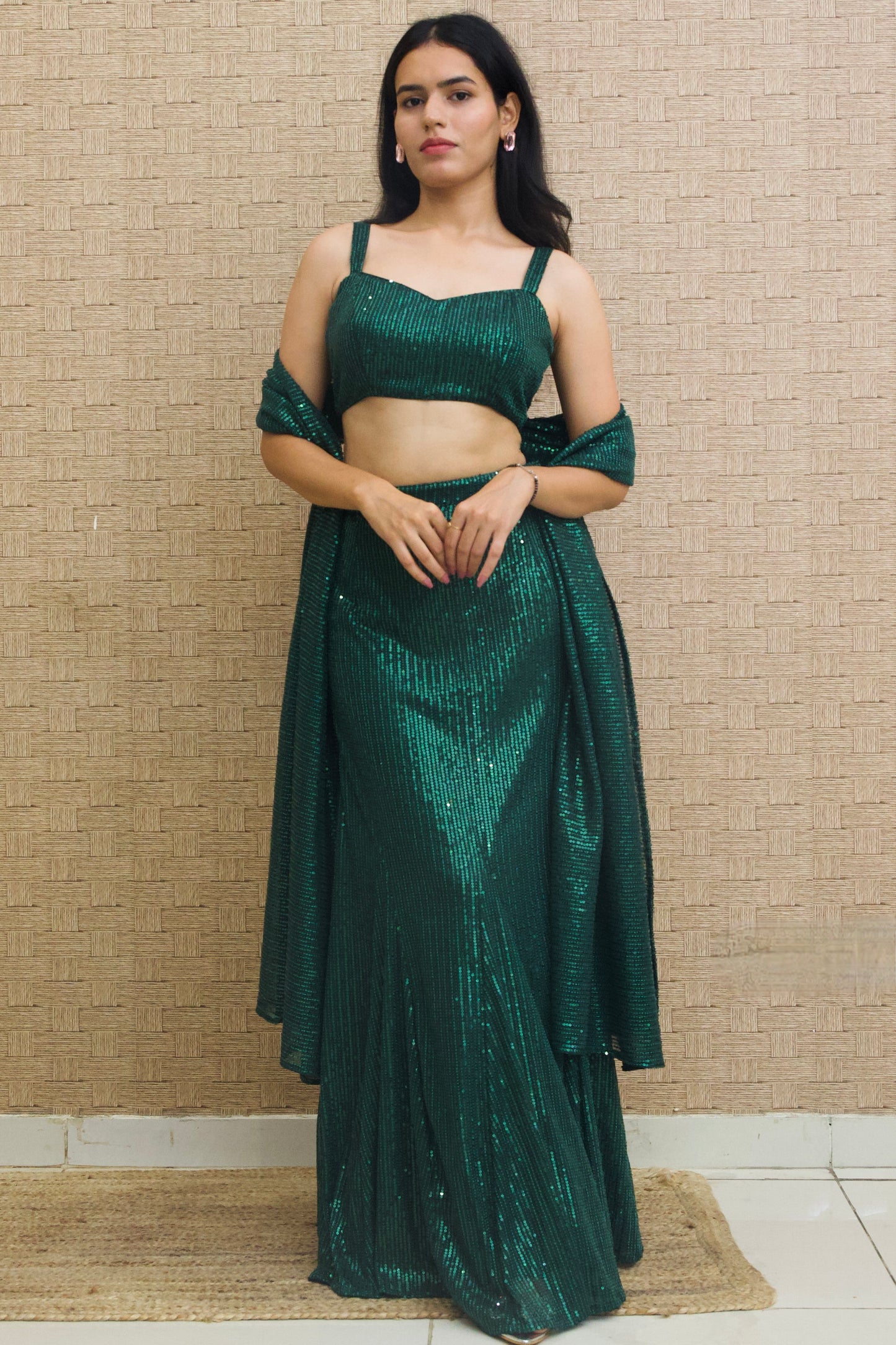 Green Sequins Lehenga Saree