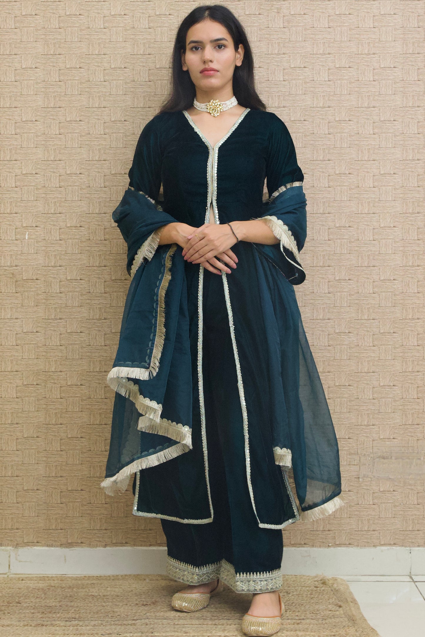 Teal Blue Velvet Kurta Set