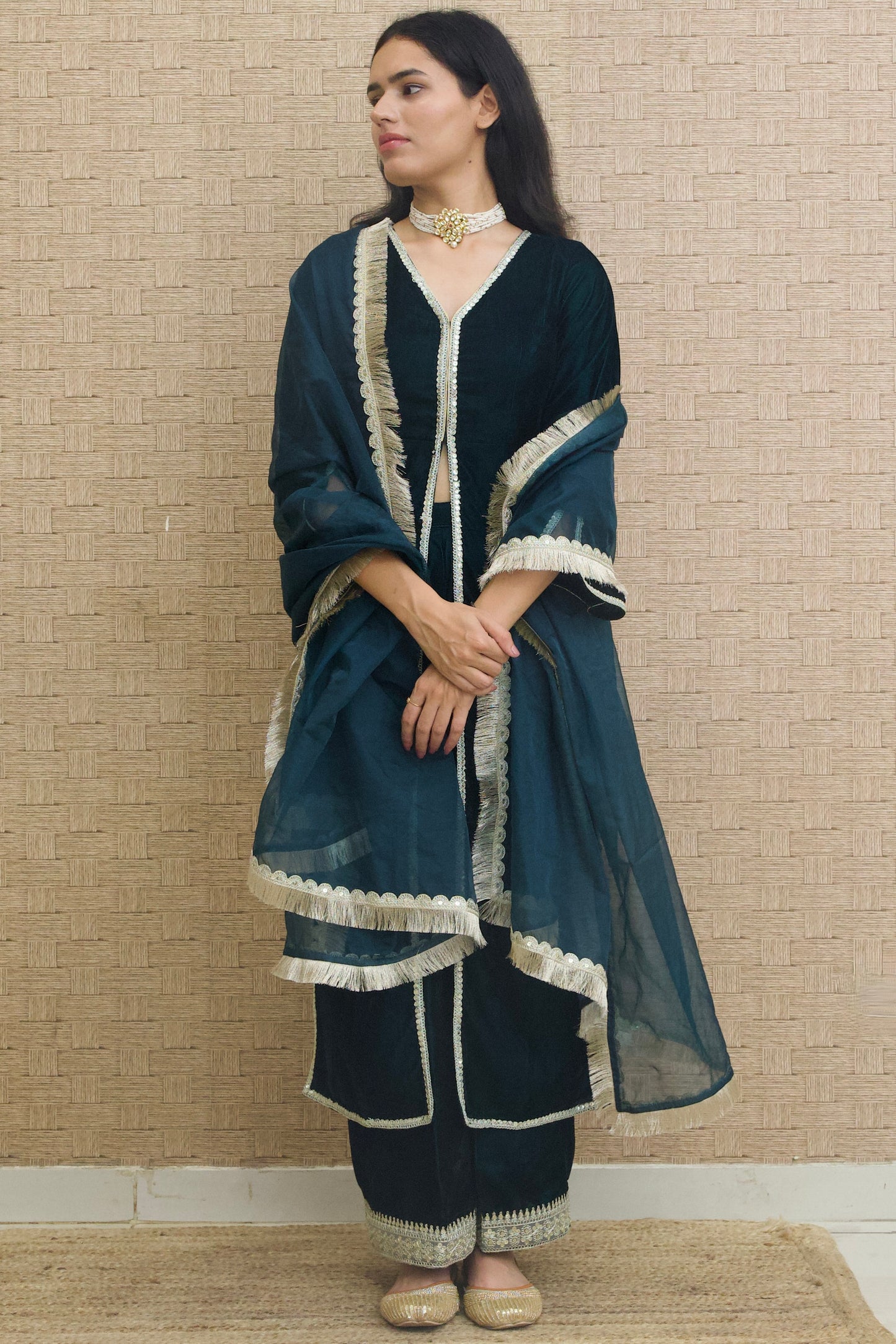 Teal Blue Velvet Kurta Set