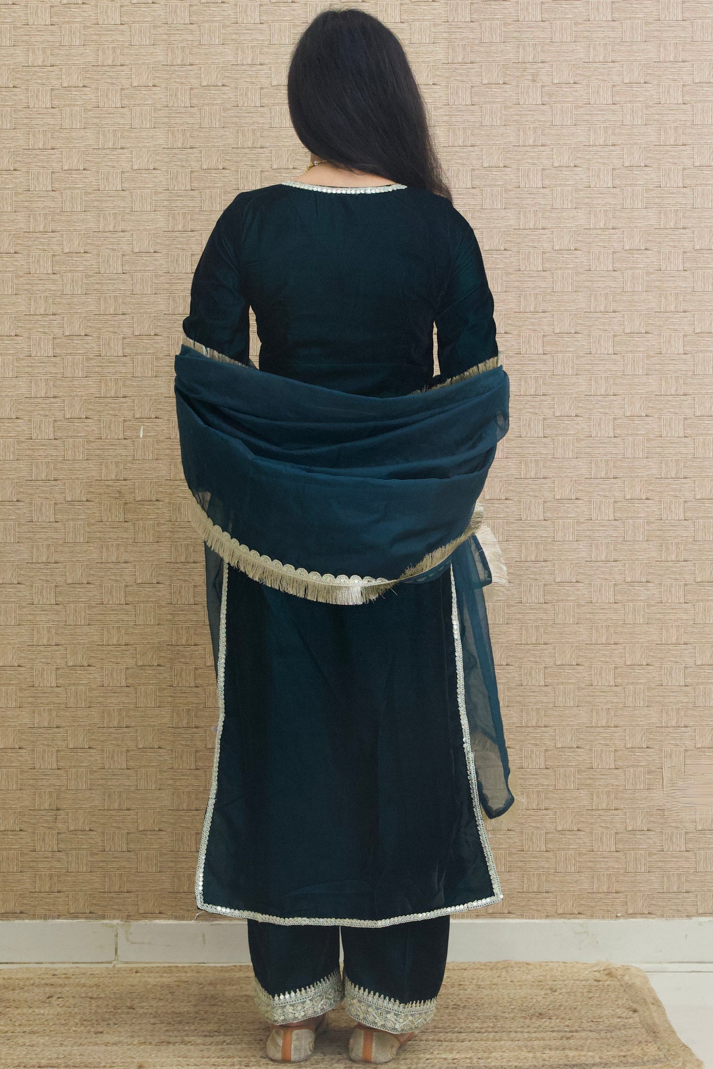 Teal Blue Velvet Kurta Set