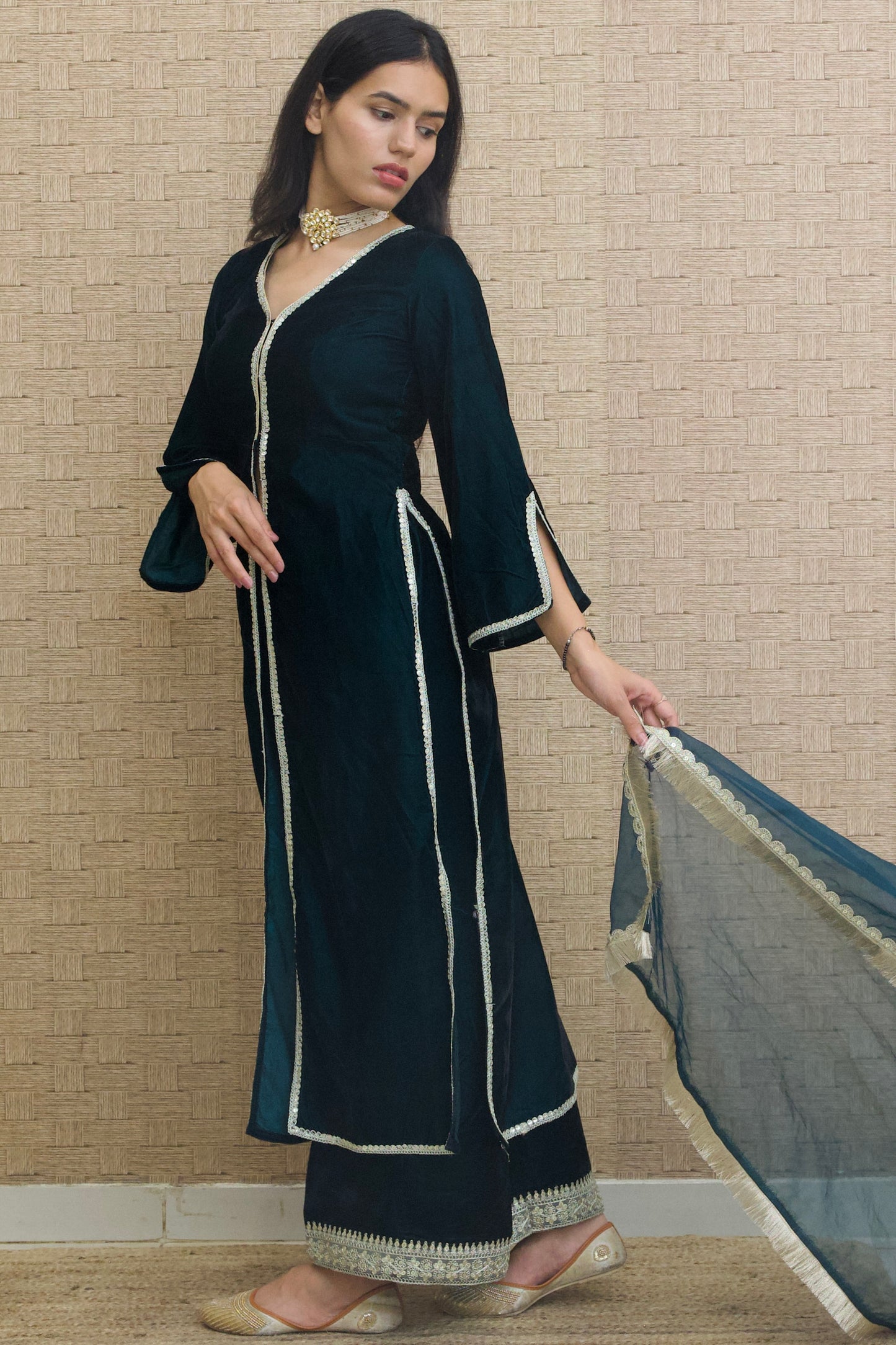 Teal Blue Velvet Kurta Set