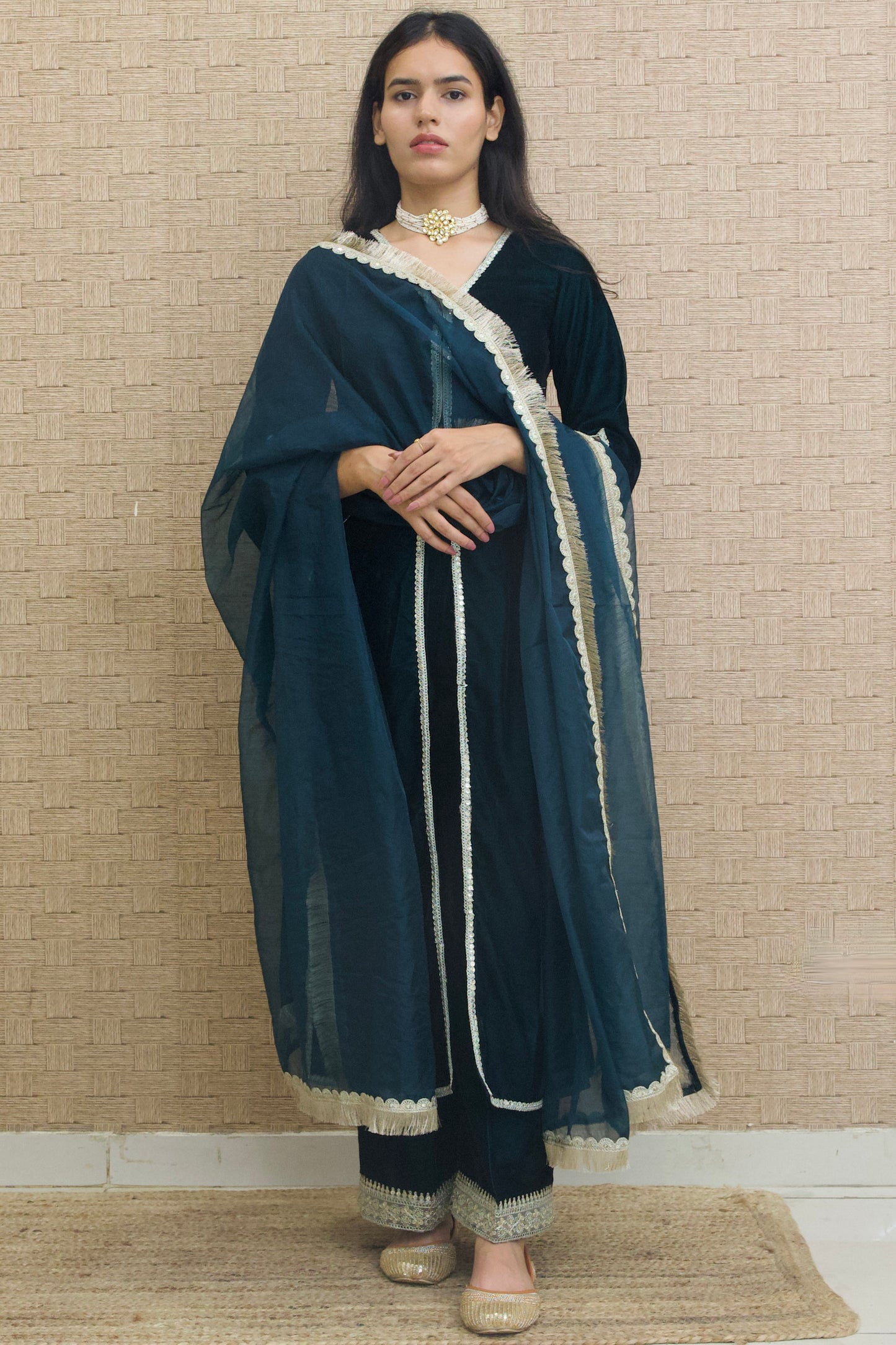 Teal Blue Velvet Kurta Set