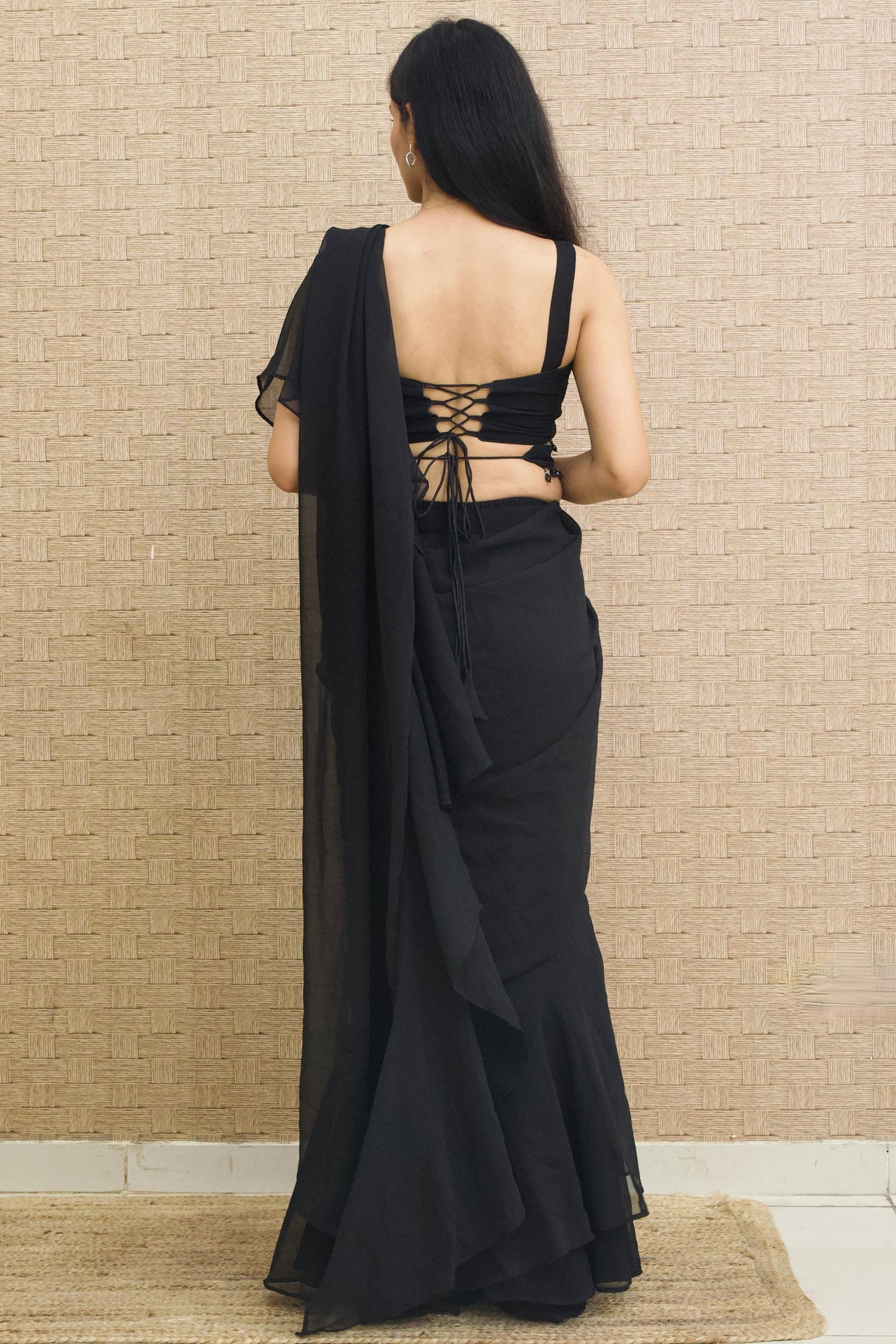 Black Georgette Pre-draped Ruffle Saree