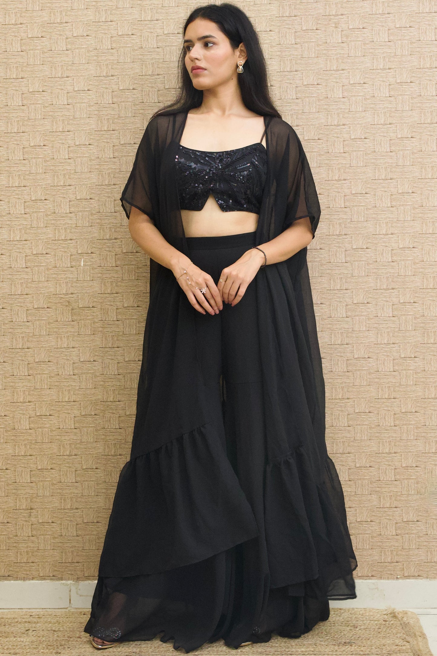 Black Georgette Embroidered Sharara Set