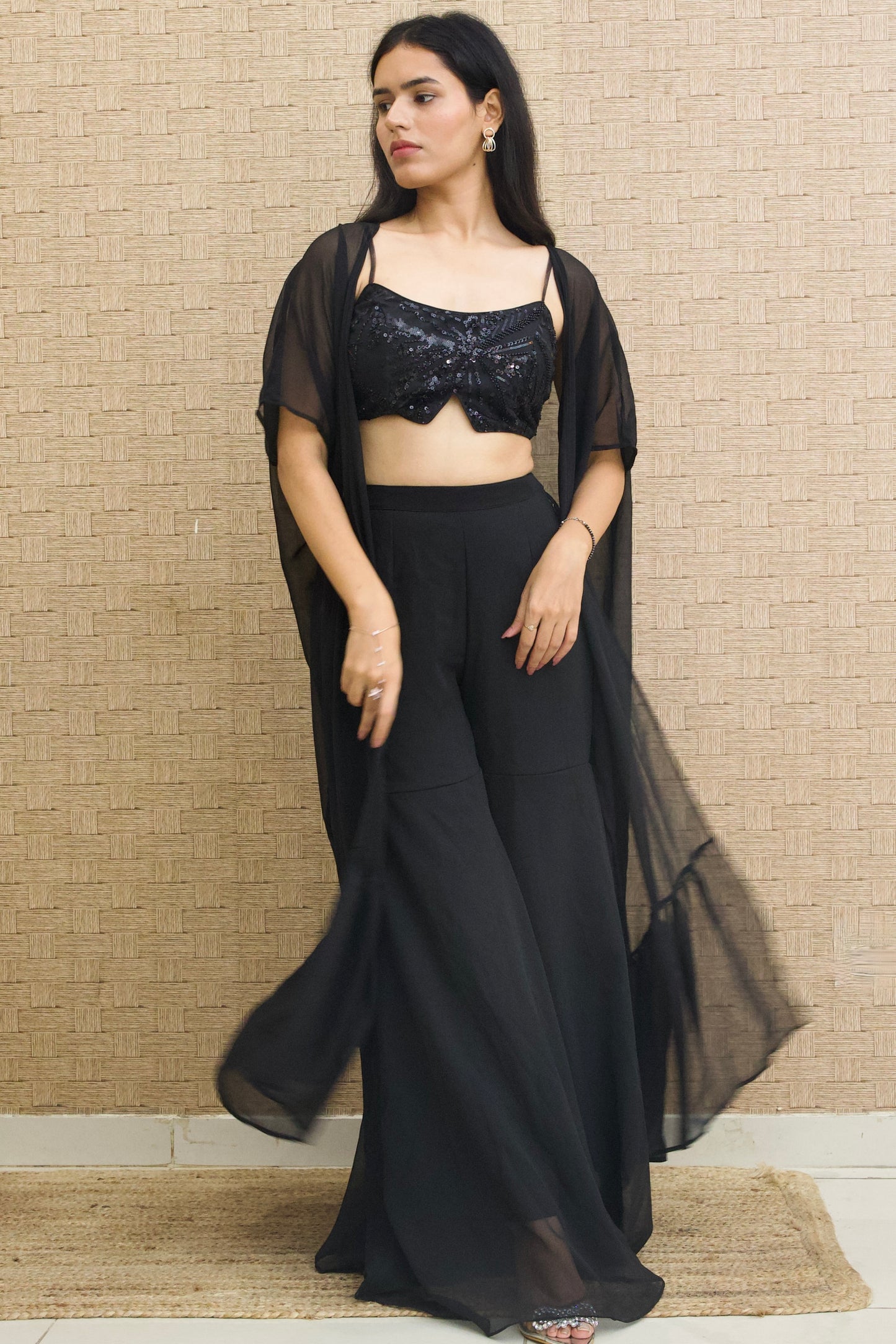 Black Georgette Embroidered Sharara Set