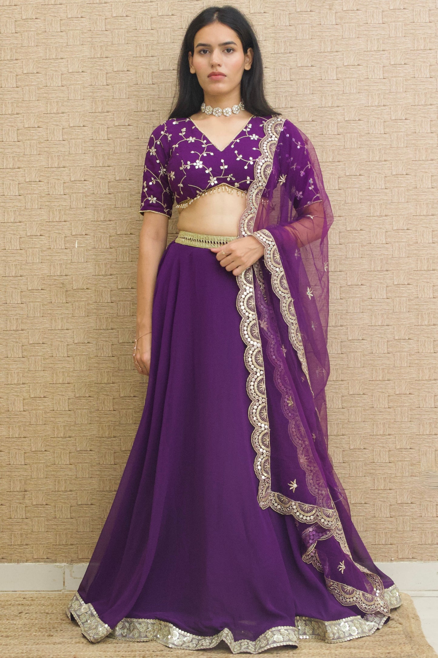 Purple Georgette Embroidered Lehenga Set