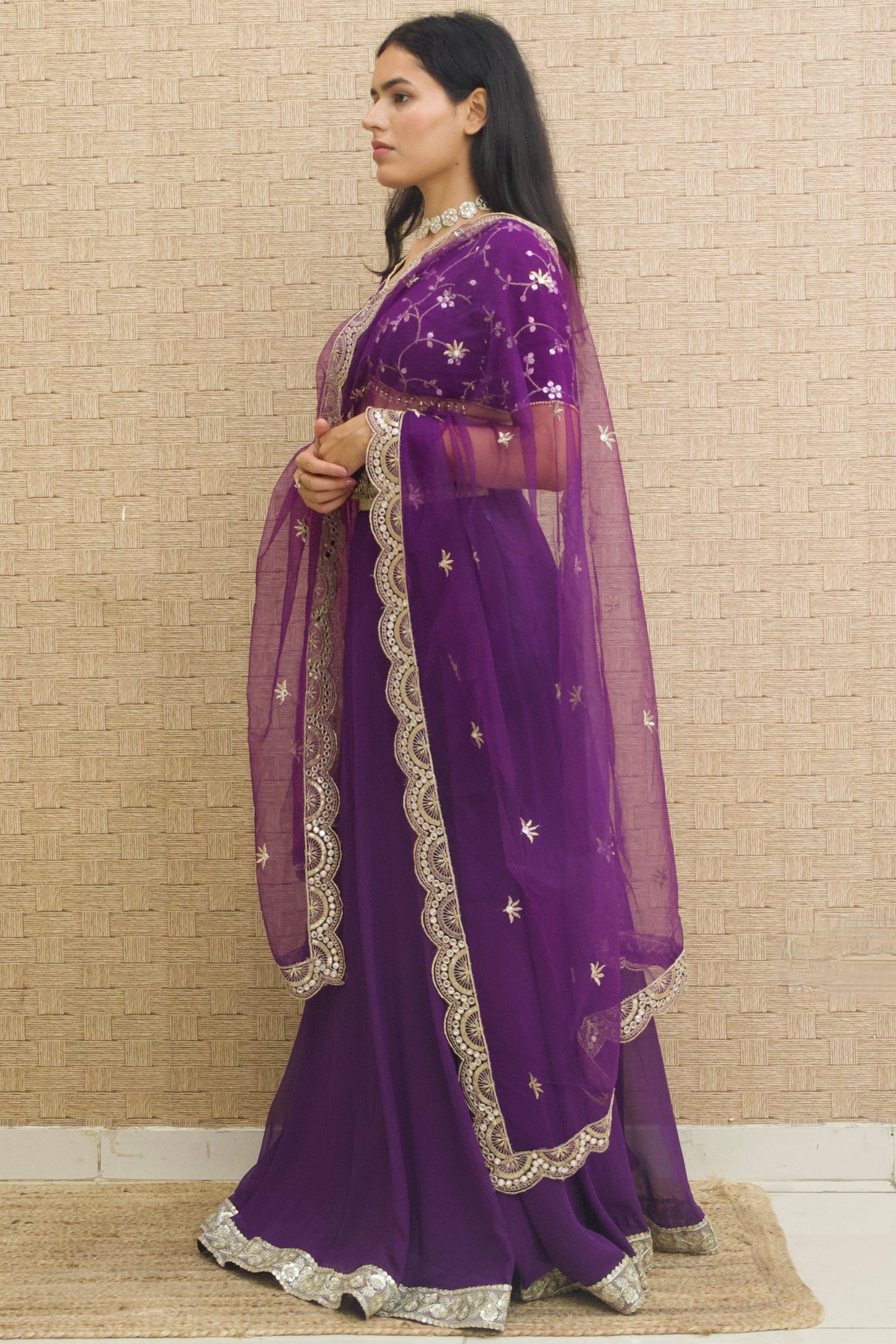 Purple Georgette Embroidered Lehenga Set