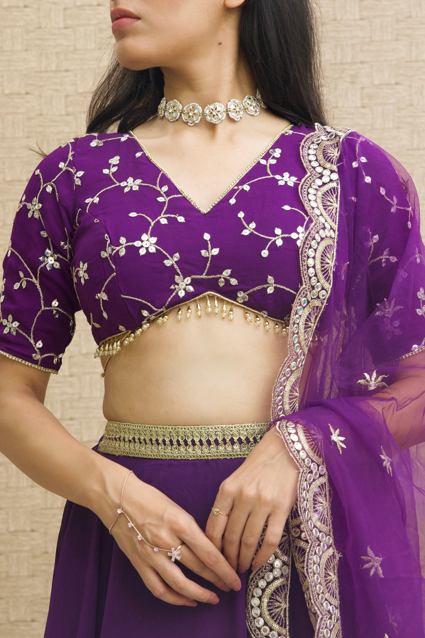 Purple Georgette Embroidered Lehenga Set