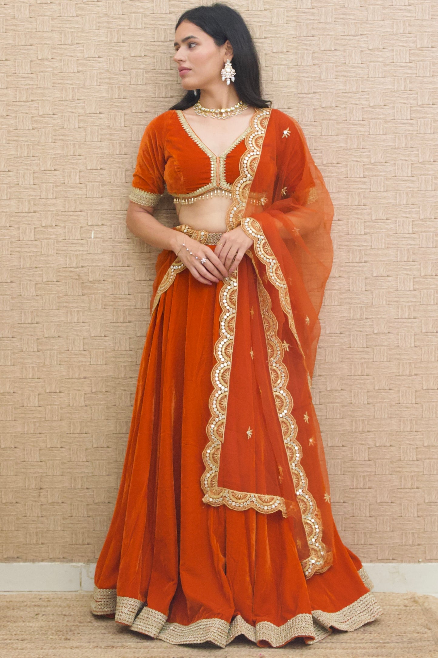 Burnt Orange Velvet Lehenga Set