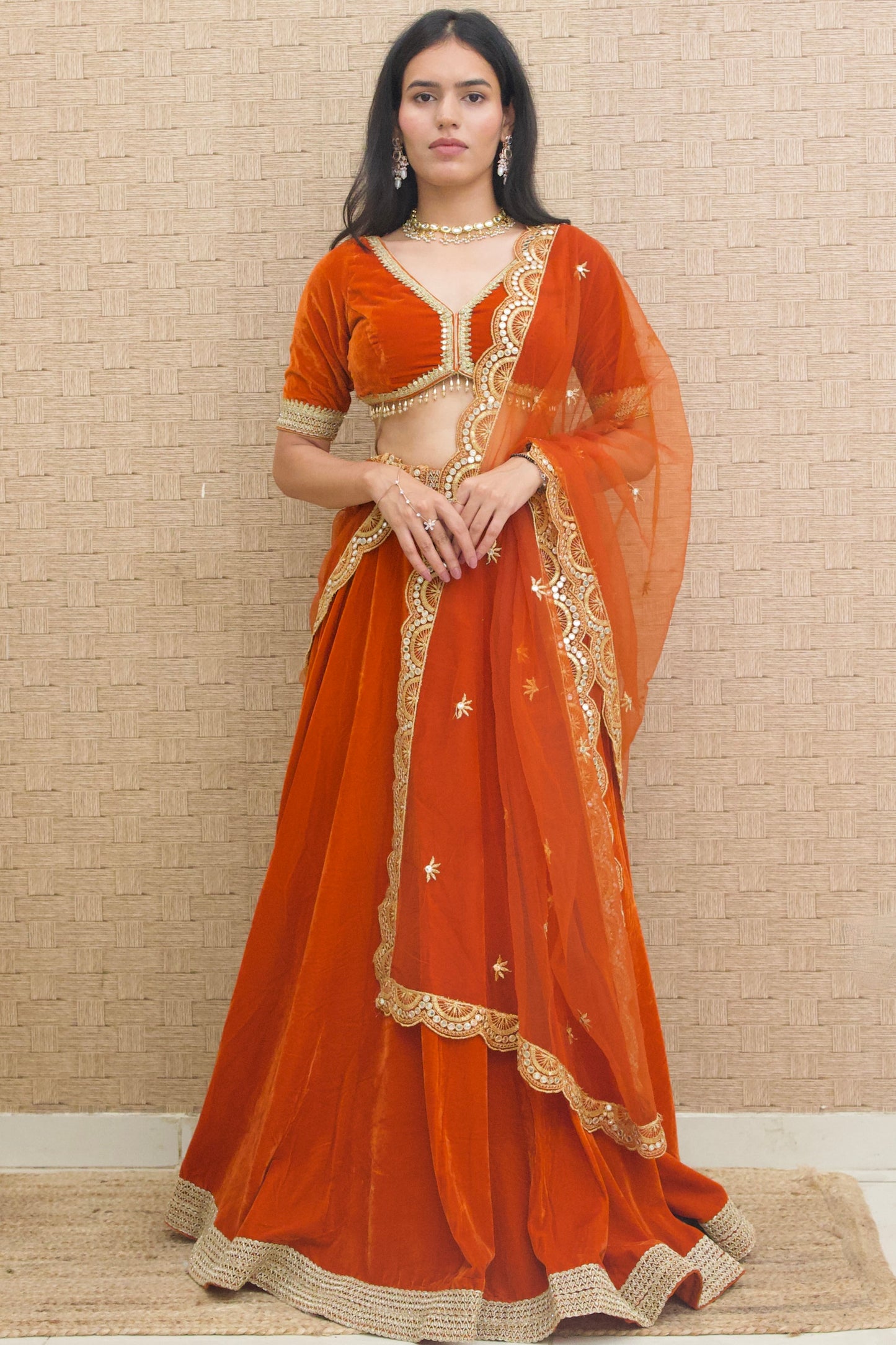 Burnt Orange Velvet Lehenga Set