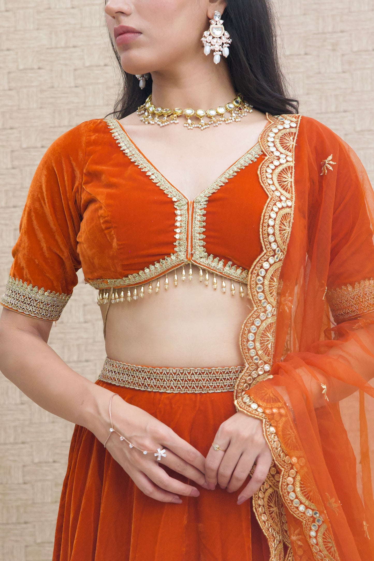 Burnt Orange Velvet Lehenga Set