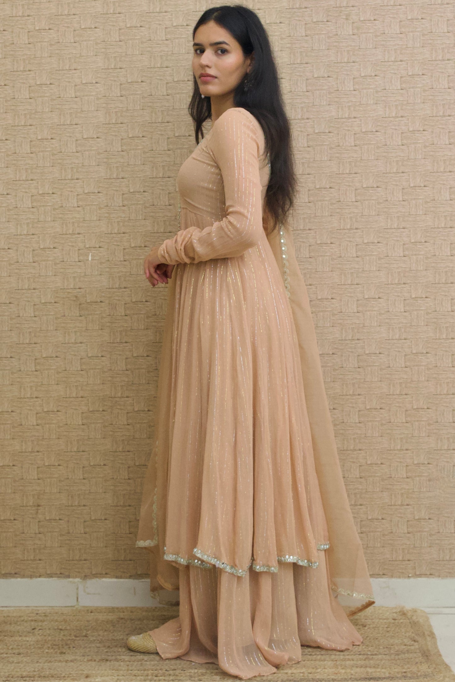 Rose Gold Lurex Georgette Anarkali Set