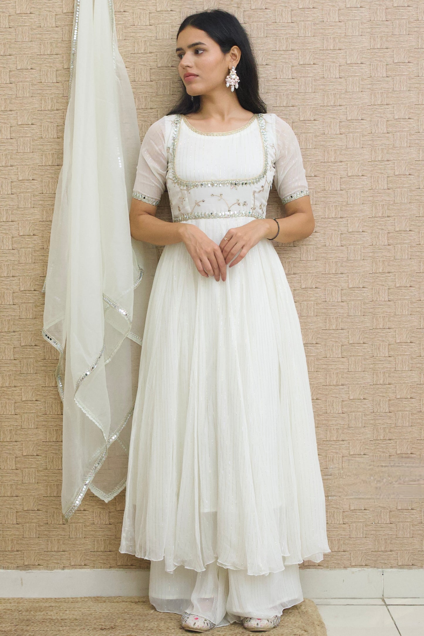Off-White Lurex Georgette Anarkali Set