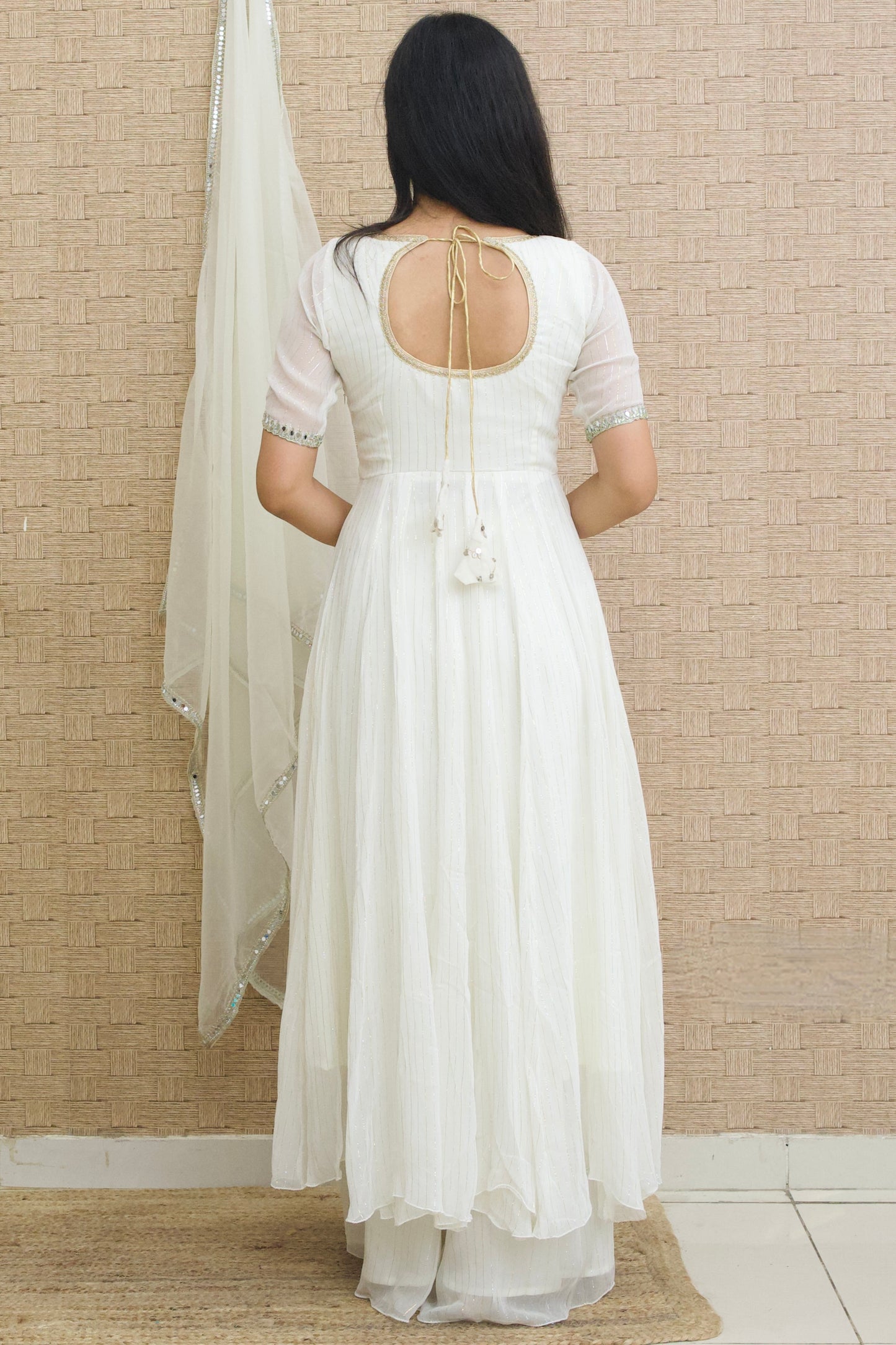 Off-White Lurex Georgette Anarkali Set