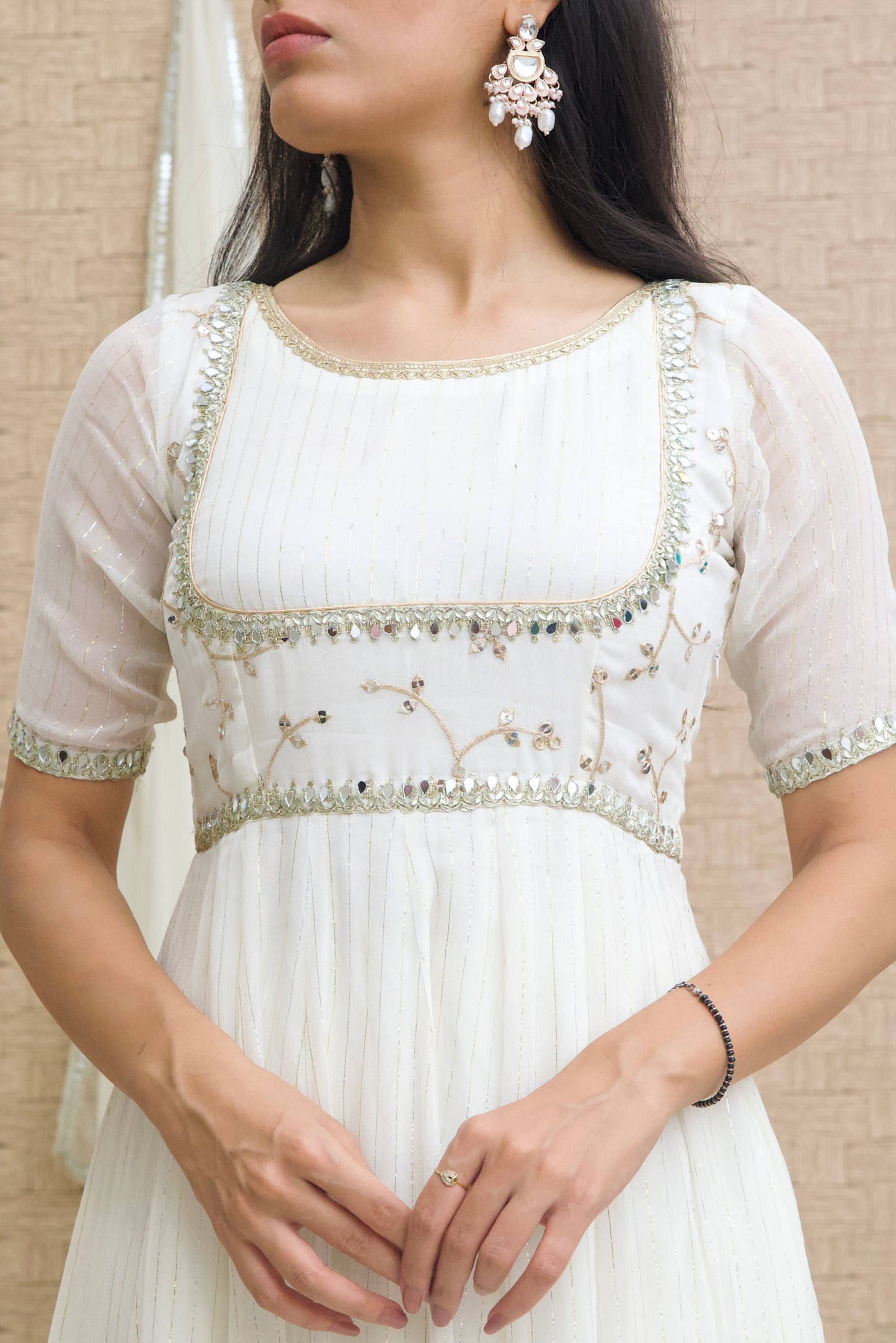 Off-White Lurex Georgette Anarkali Set