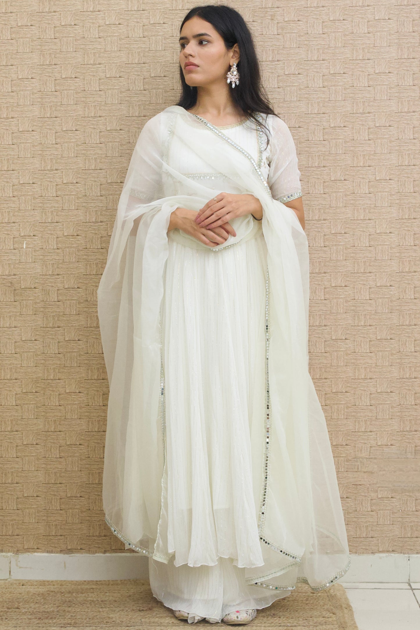 Off-White Lurex Georgette Anarkali Set