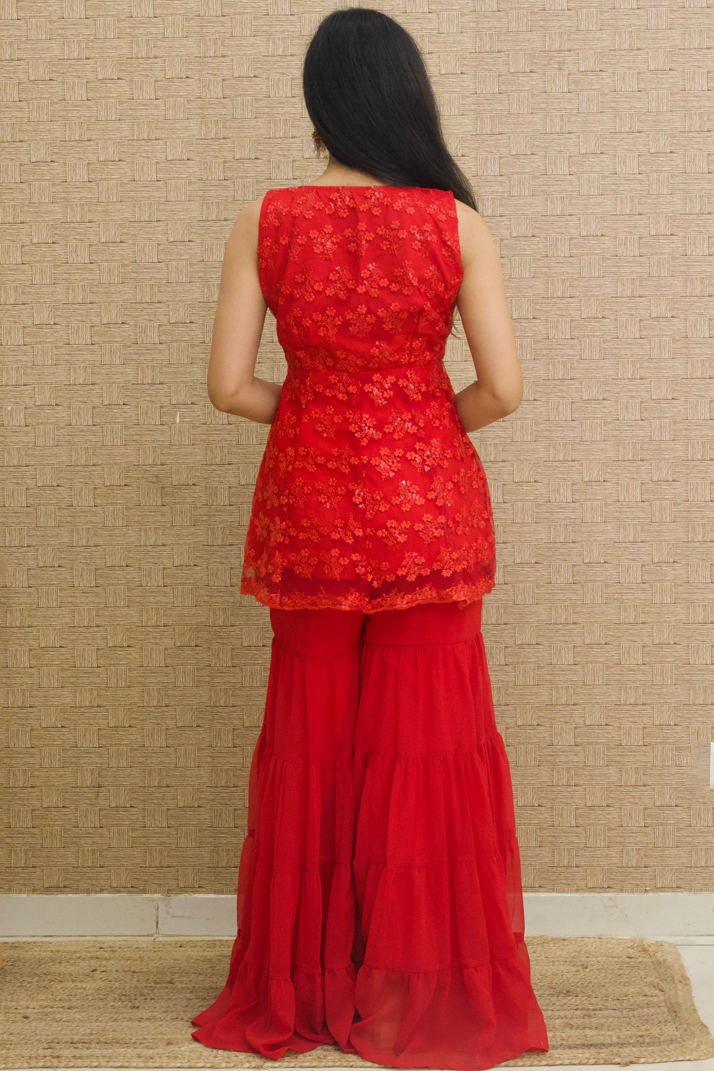 Red Georgette Kurta Sharara (Set of 2)