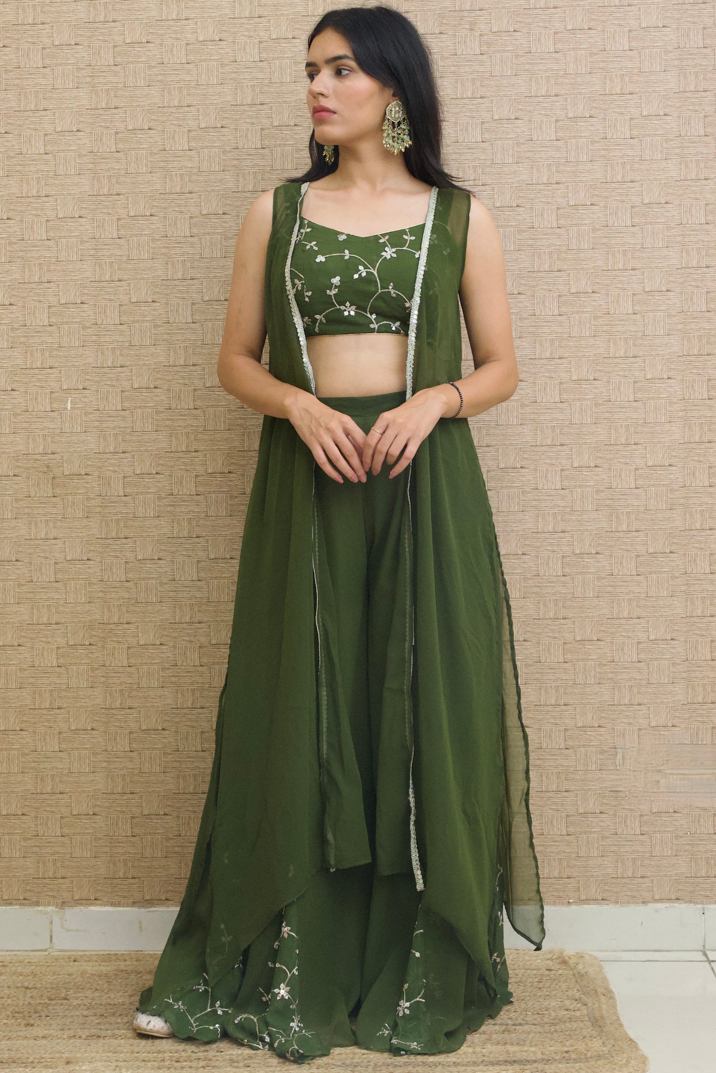 Mehendi Green Georgette Embroidered Sharara Set