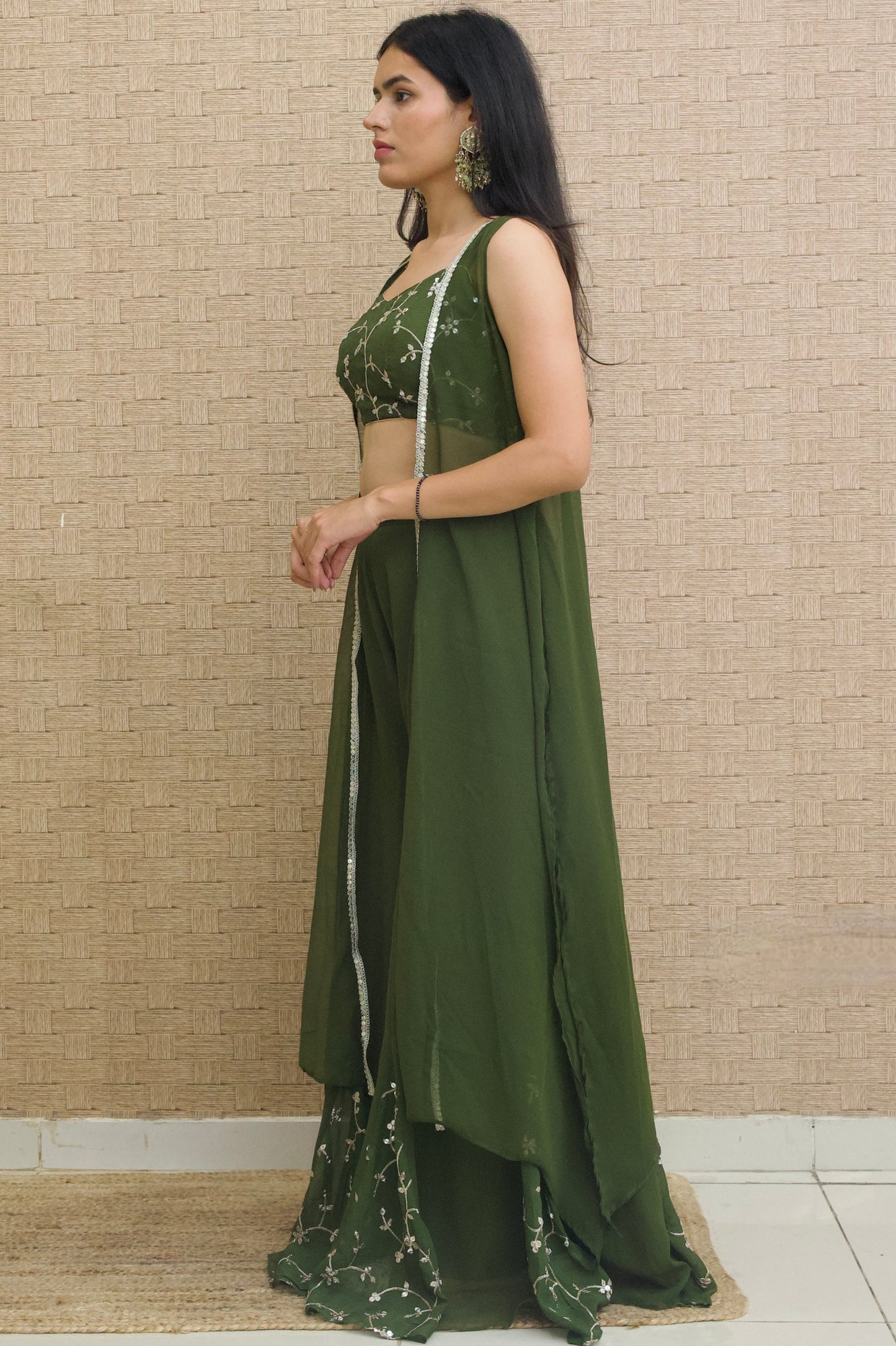 Mehendi Green Georgette Embroidered Sharara Set