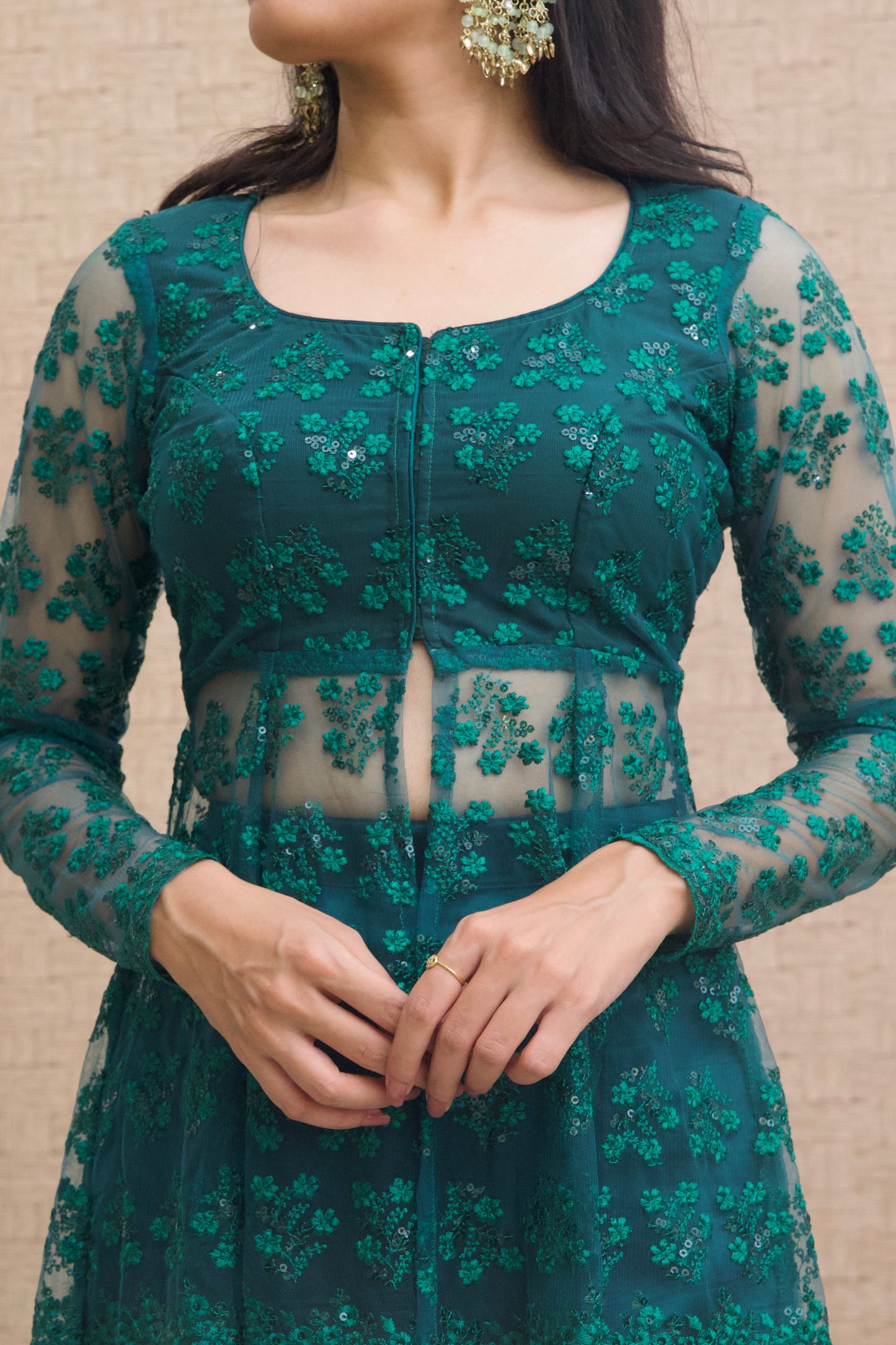 Bottle Green Embroidered Sharara Set - Set of 2