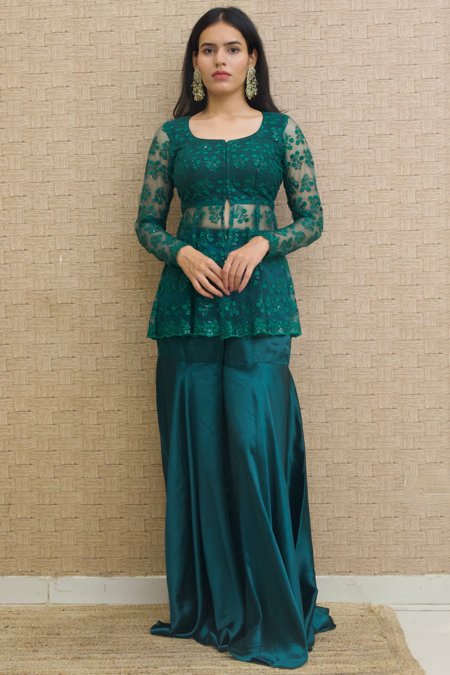 Bottle Green Embroidered Sharara Set - Set of 2