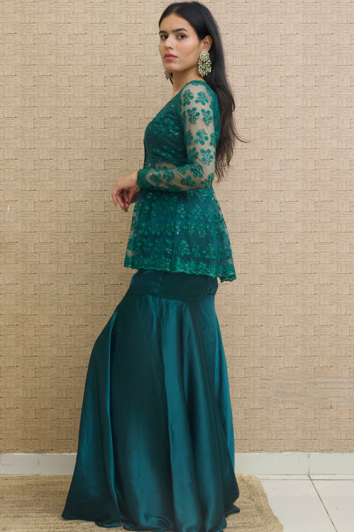 Bottle Green Embroidered Sharara Set - Set of 2
