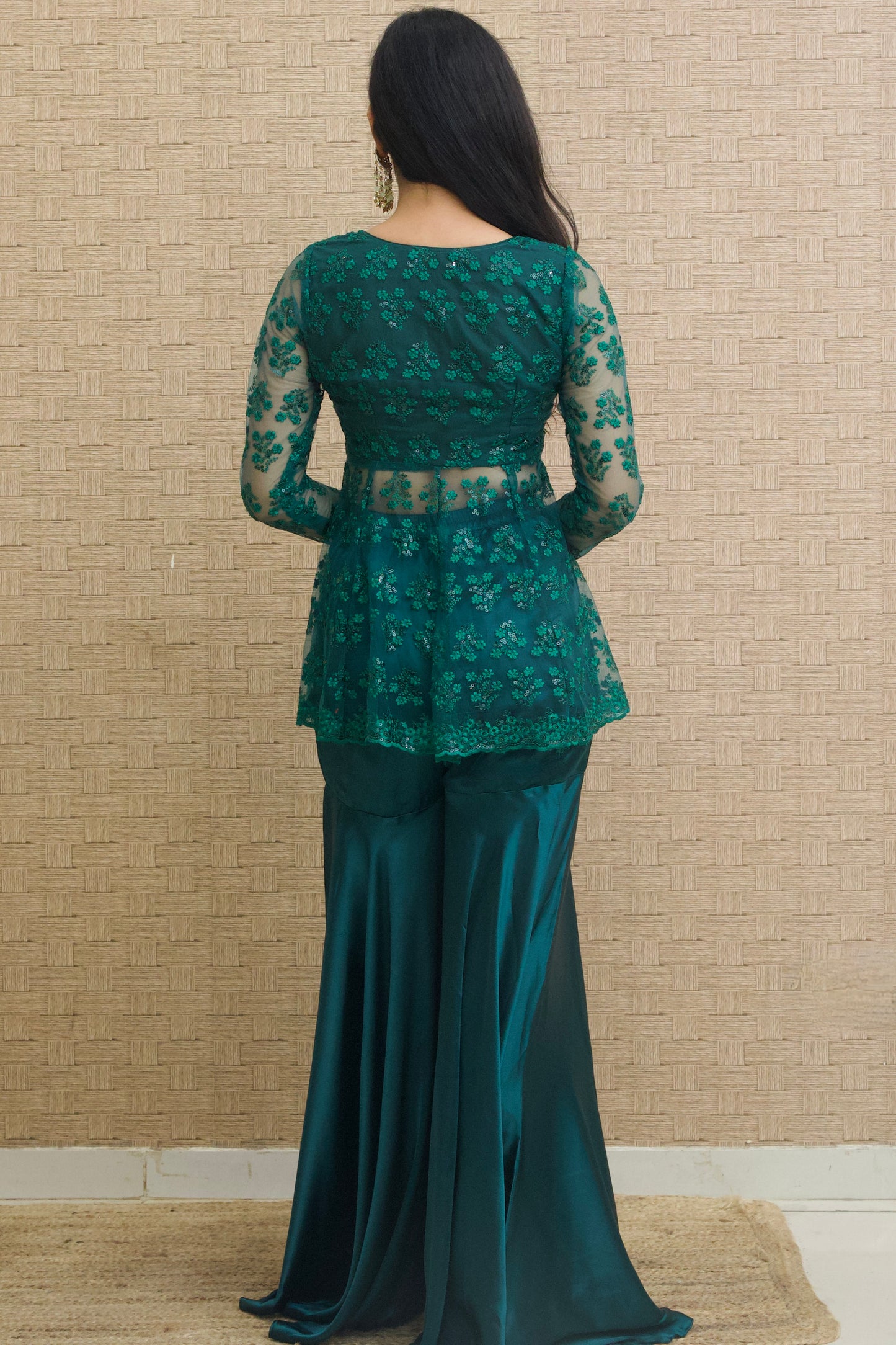 Bottle Green Embroidered Sharara Set - Set of 2