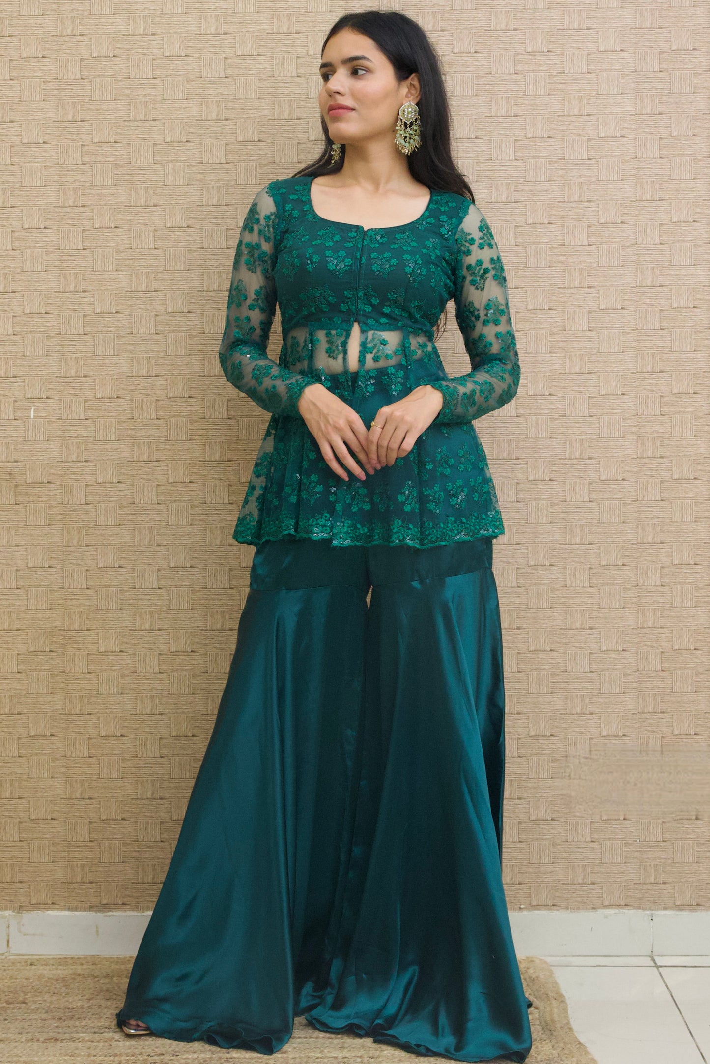 Bottle Green Embroidered Sharara Set - Set of 2