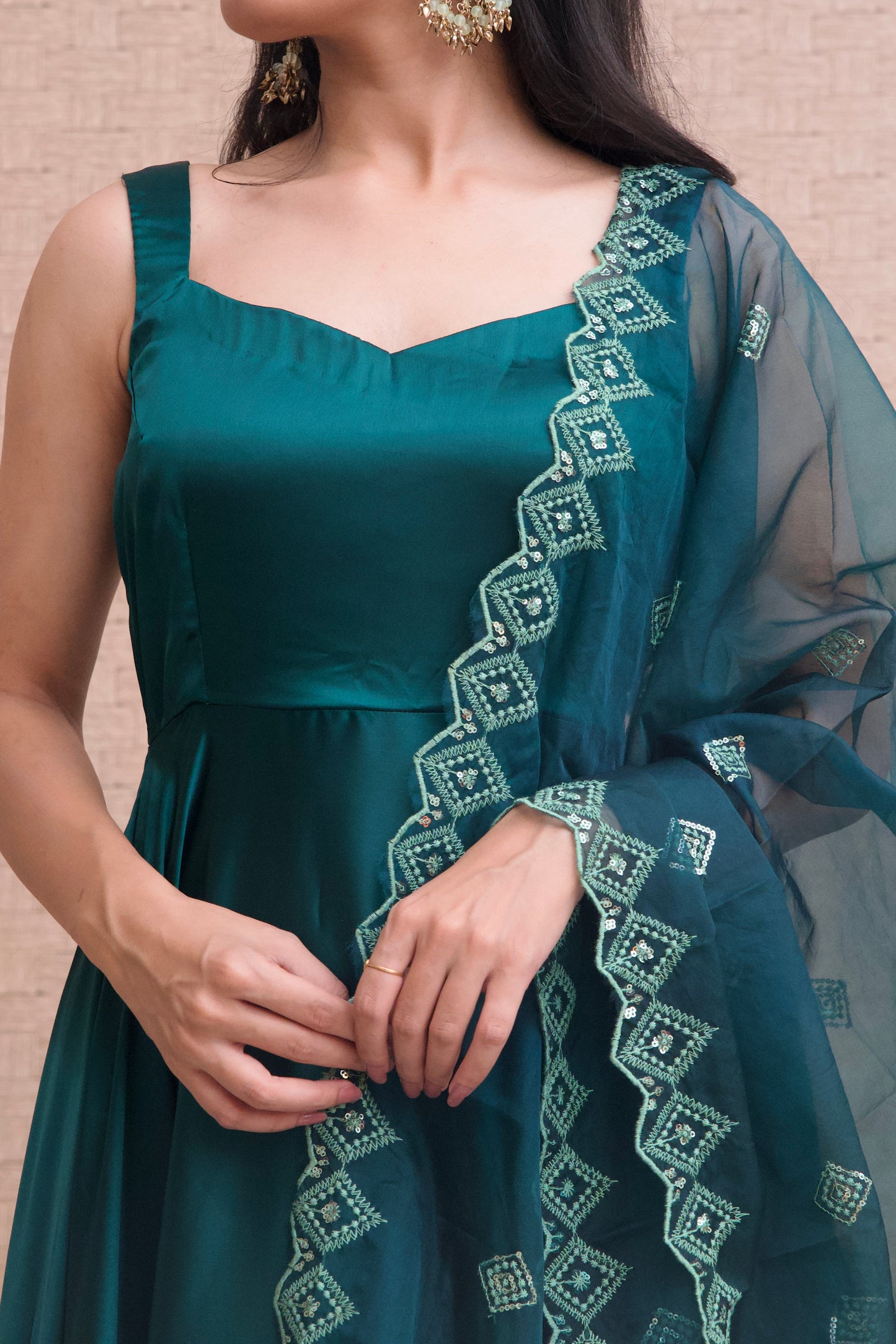 Teal Green Satin Anarkali Set