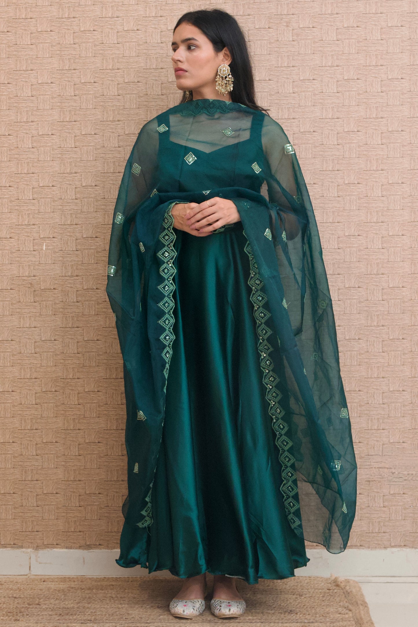 Teal Green Satin Anarkali Set