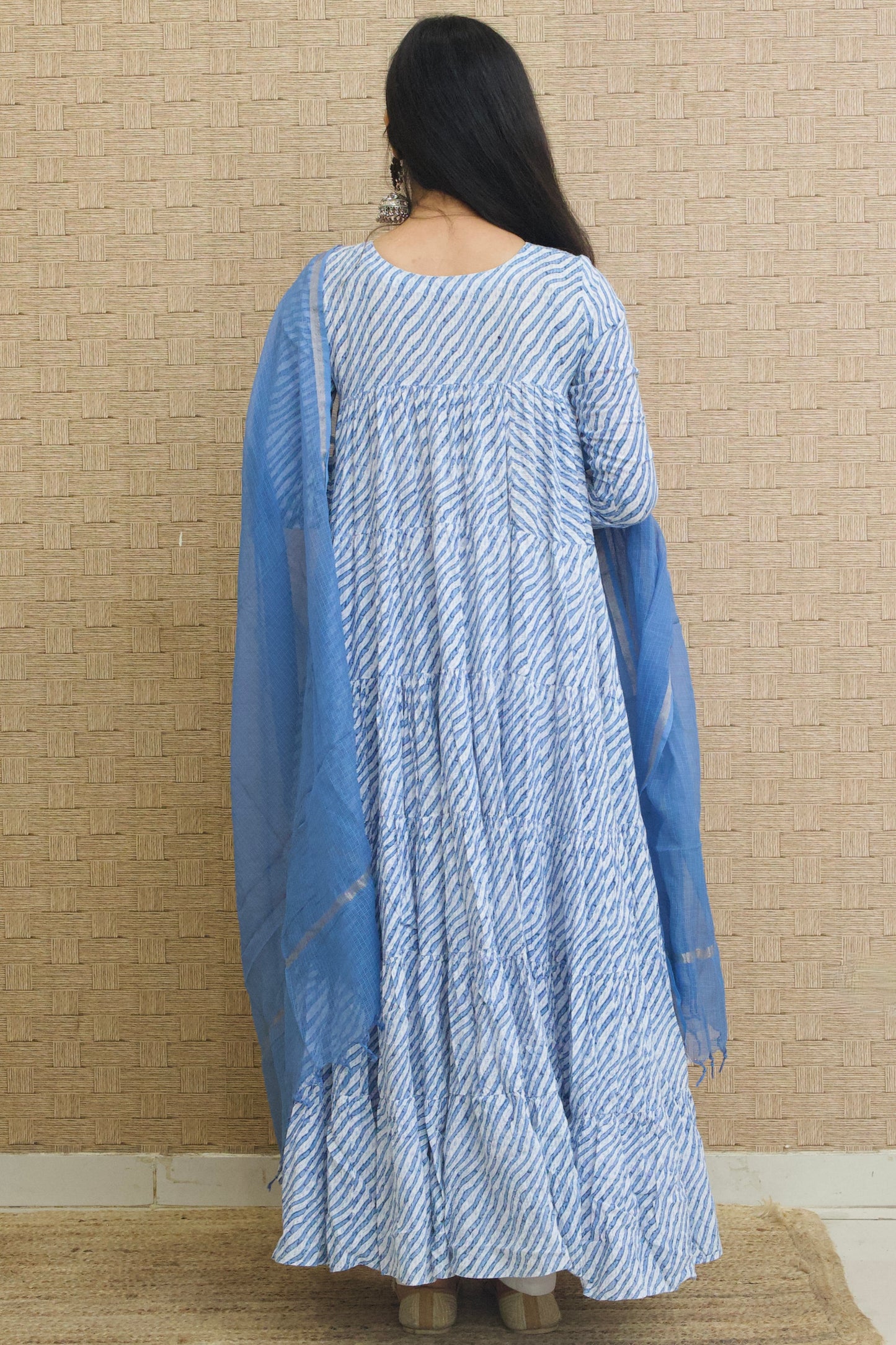 Blue Leheriya Cotton Tiered Anarkali Set