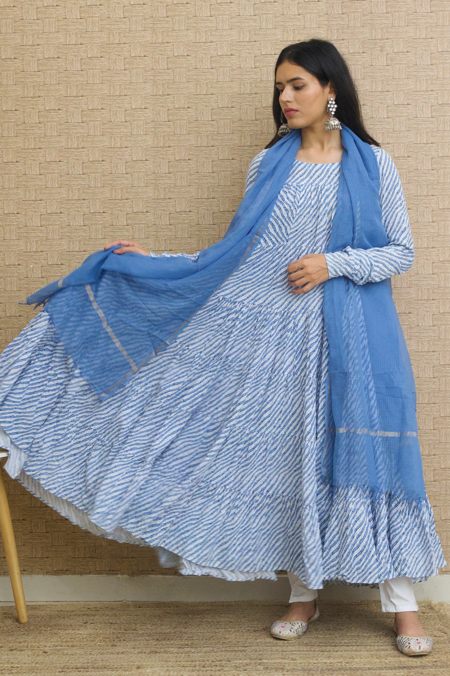 Blue Leheriya Cotton Tiered Anarkali Set