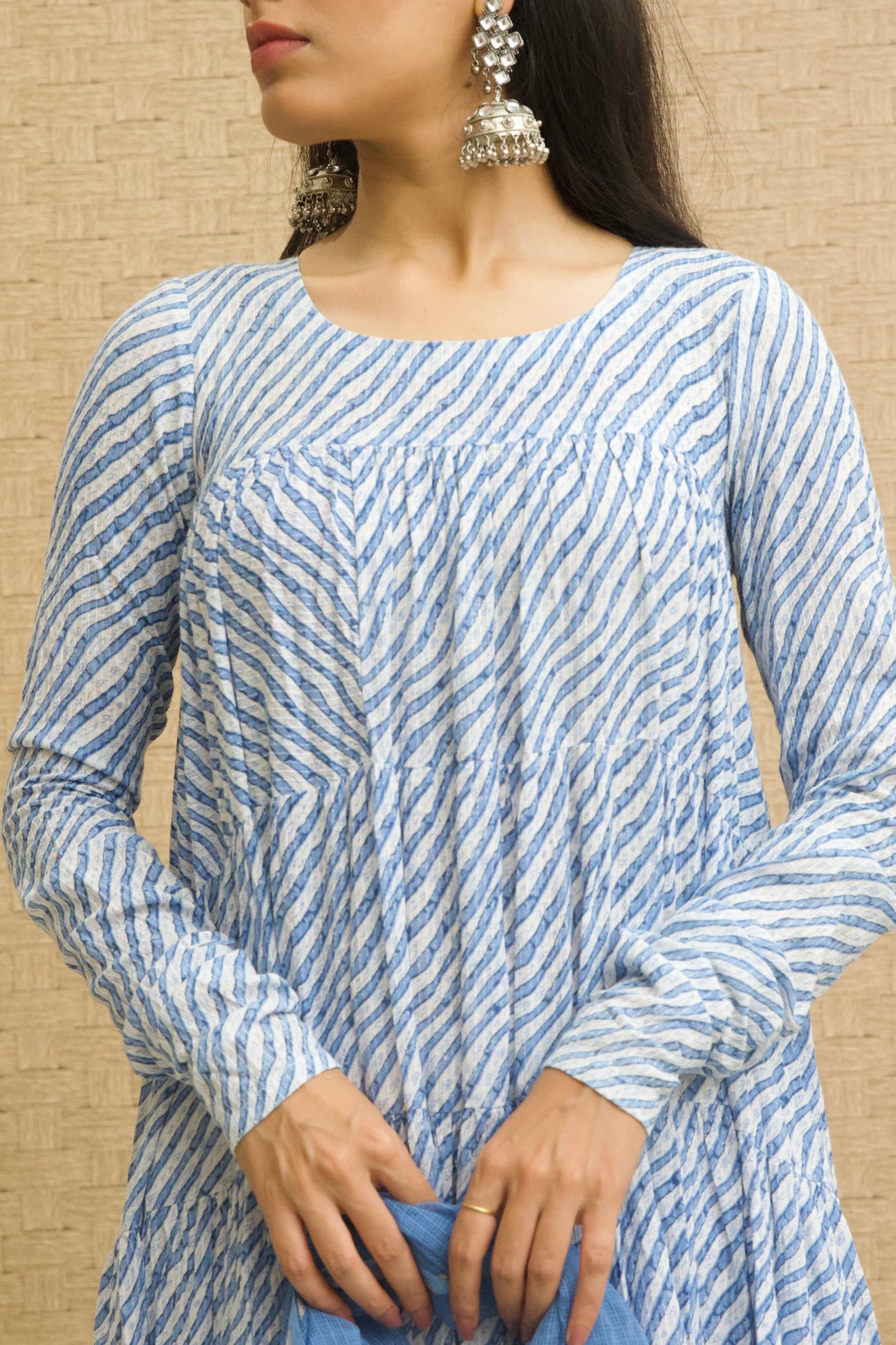 Blue Leheriya Cotton Tiered Anarkali Set