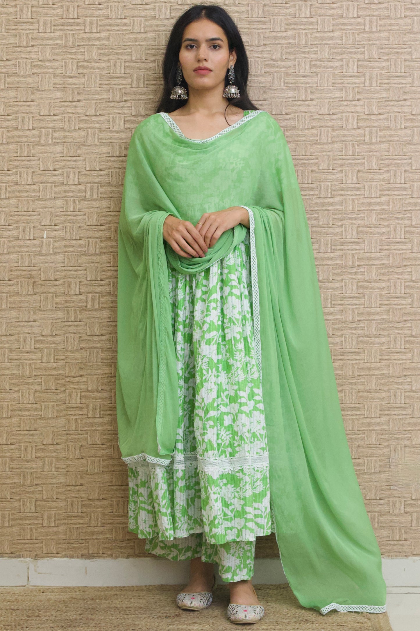 Frog Green Kantha Cotton Anarkali set