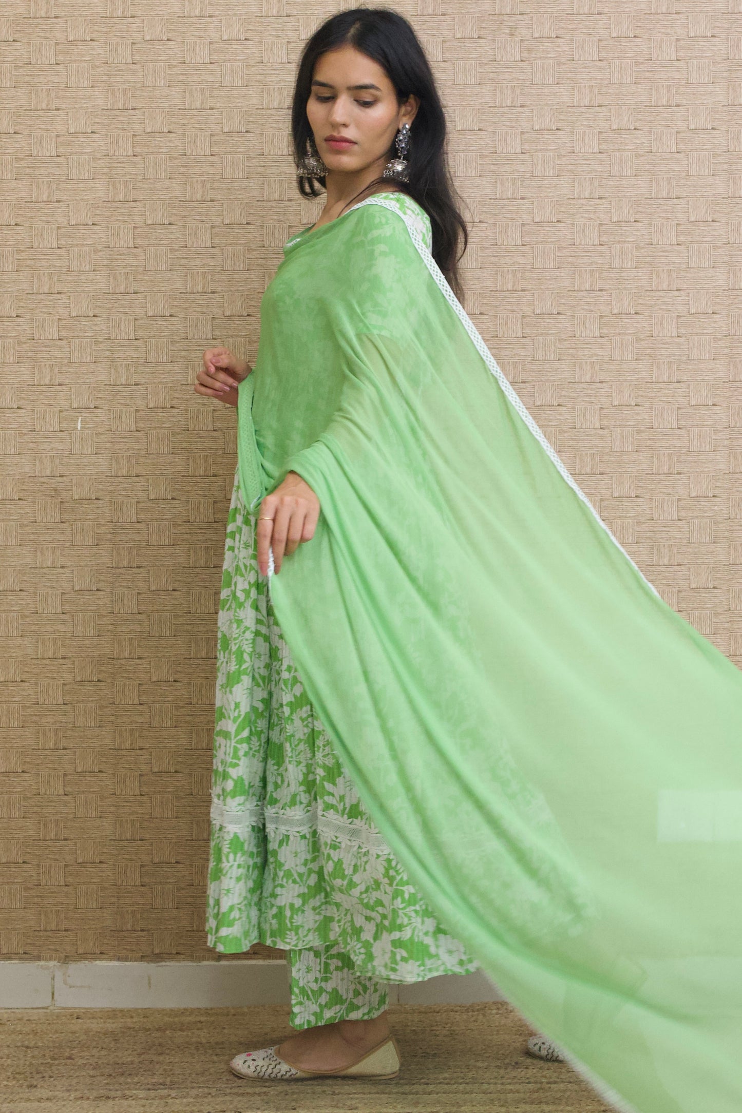 Frog Green Kantha Cotton Anarkali set