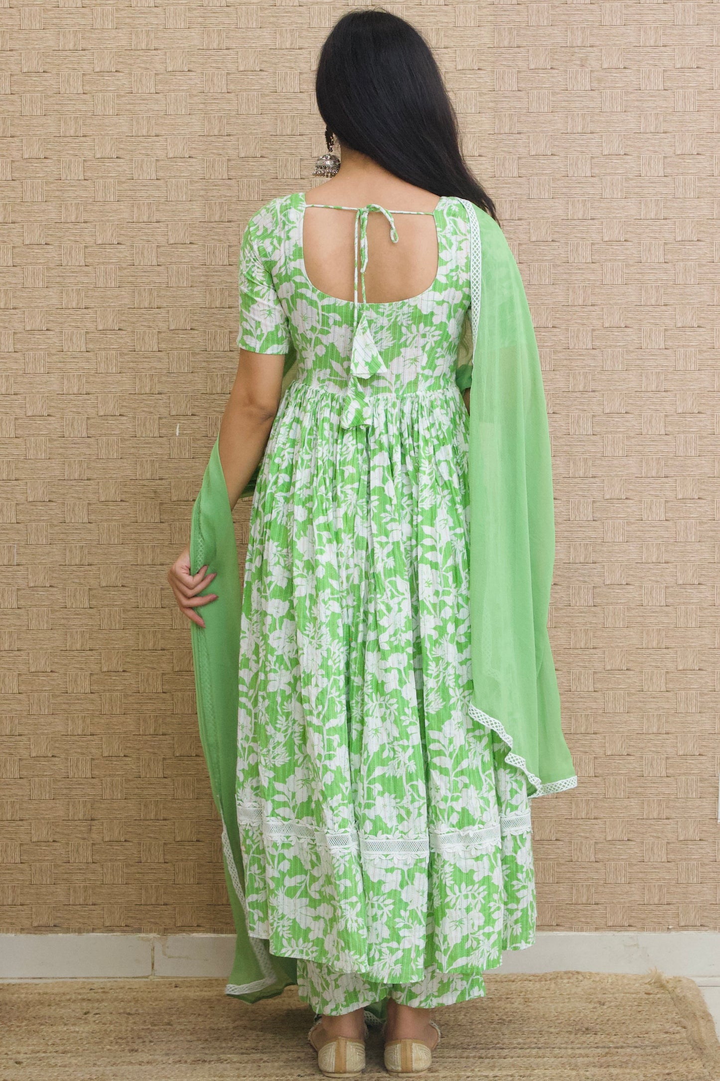 Frog Green Kantha Cotton Anarkali set