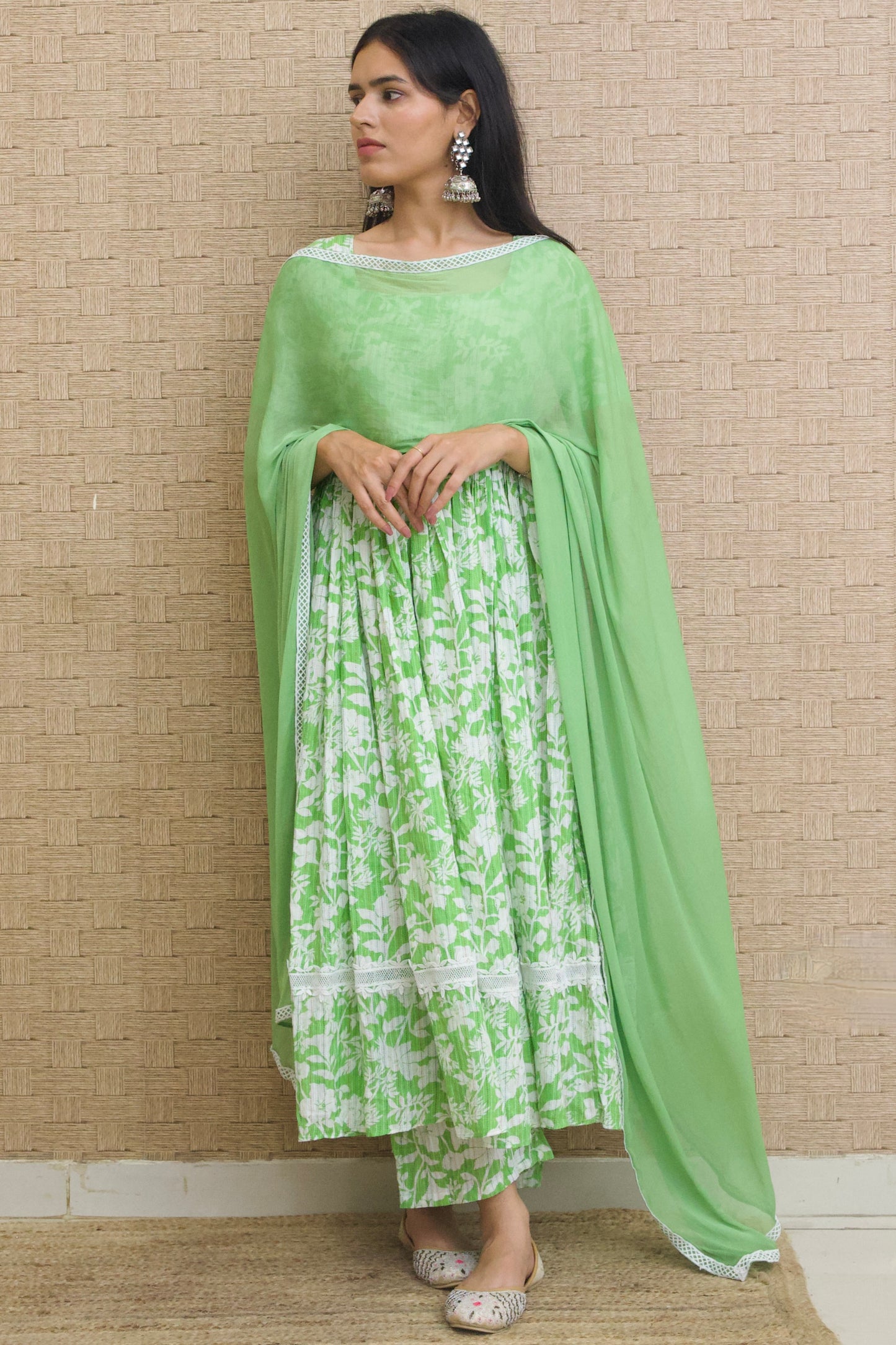 Frog Green Kantha Cotton Anarkali set