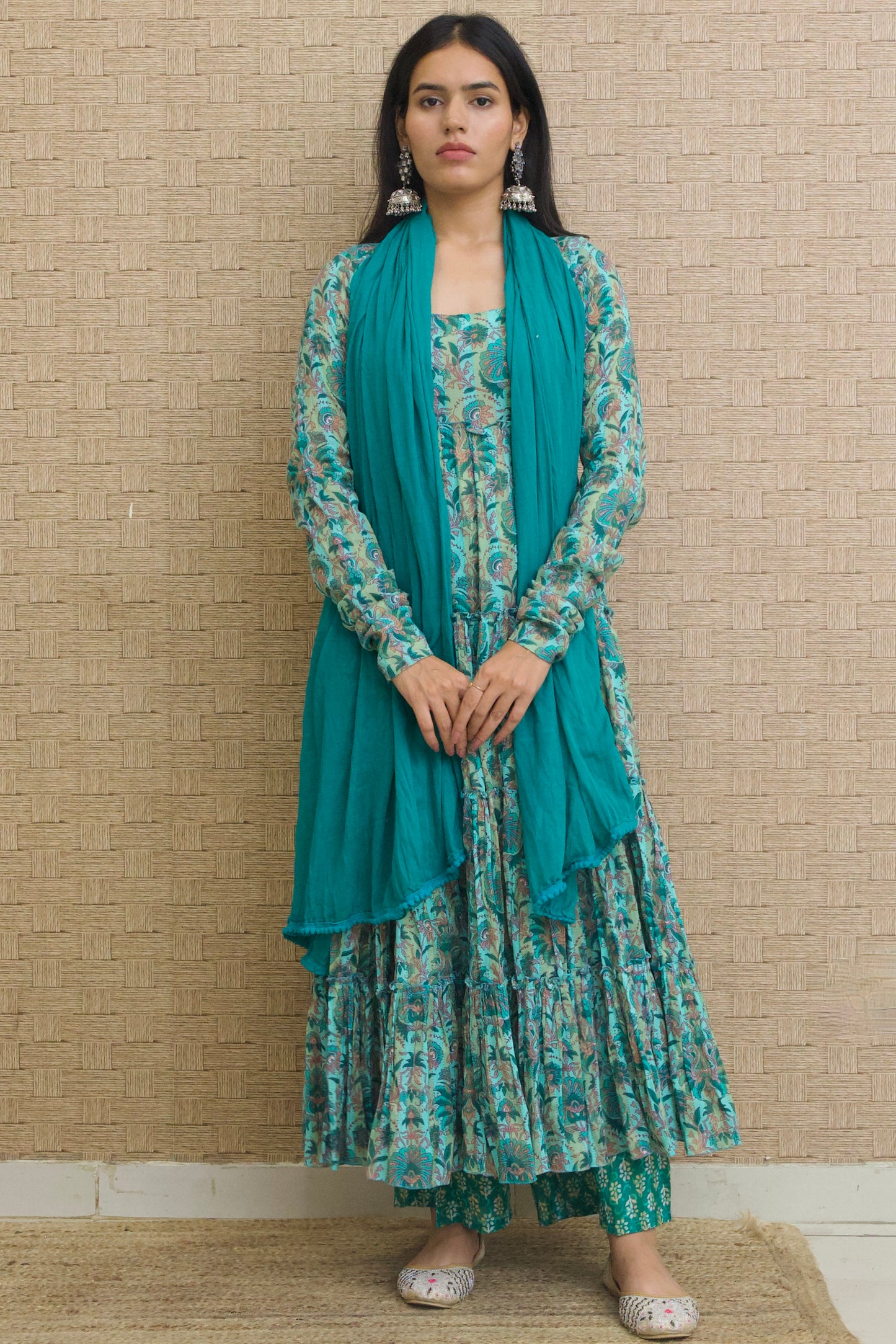 Green Floral Cotton Tiered Anarkali Set