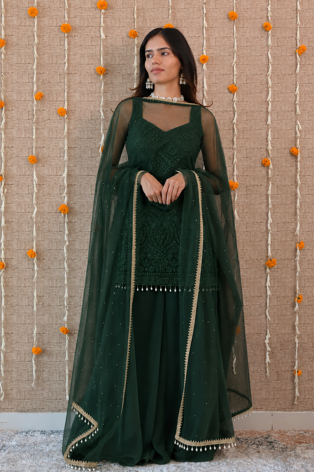 Bottle Green Embroidered Georgette Sharara Set