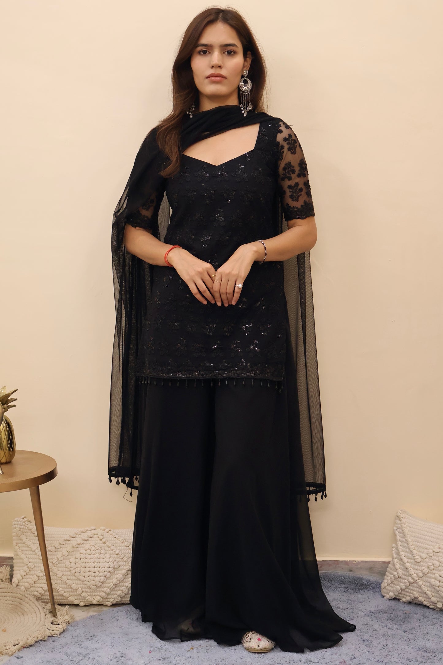 Black Net Kurta & Sharara Set